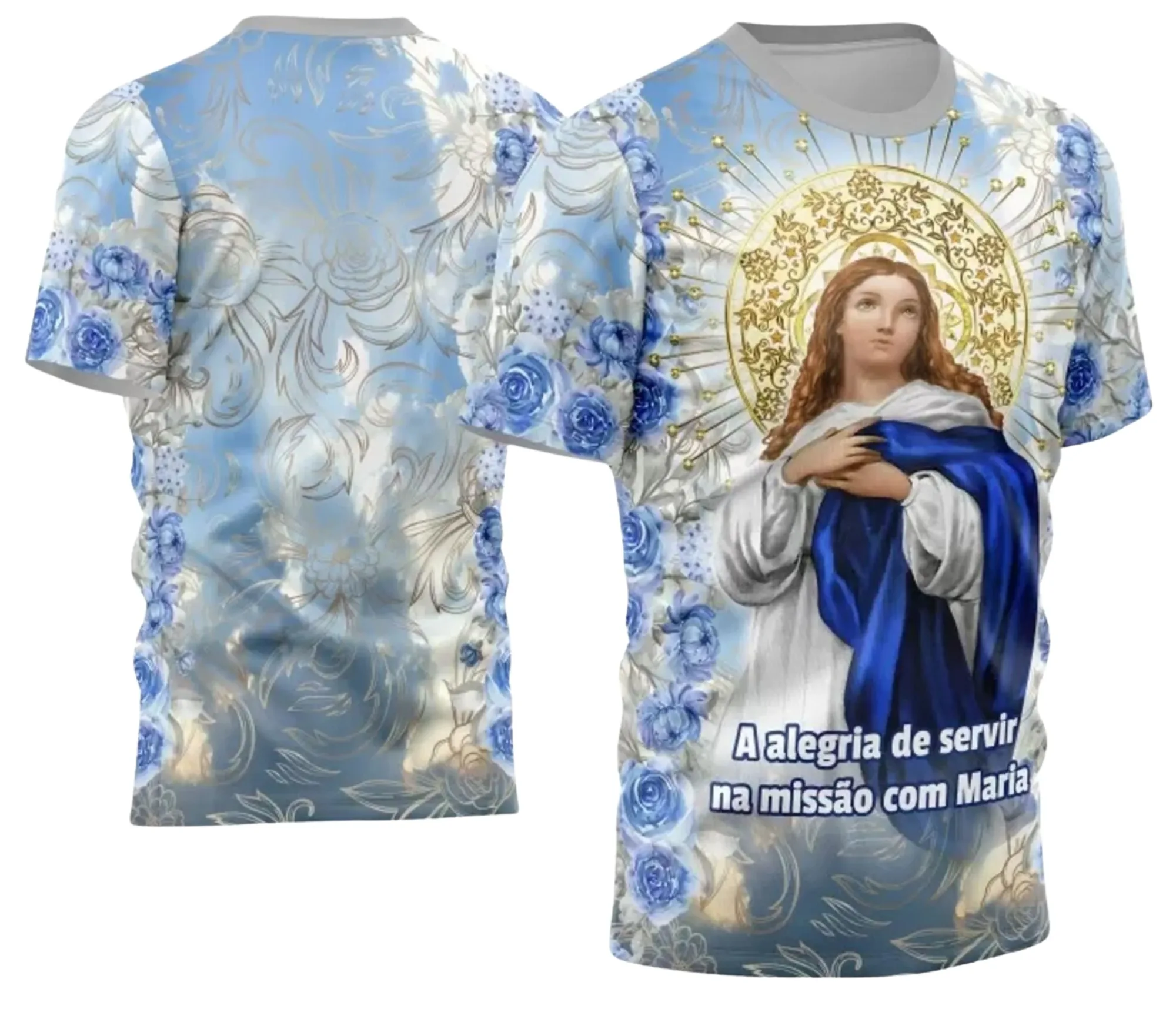 Camiseta unissex branca com logo no peito e estampa grande nas costas da Nossa Senhora da Imaculada, visual sereno e detalhado, ideal para quem busca fé e estilo em camisa religiosa.
