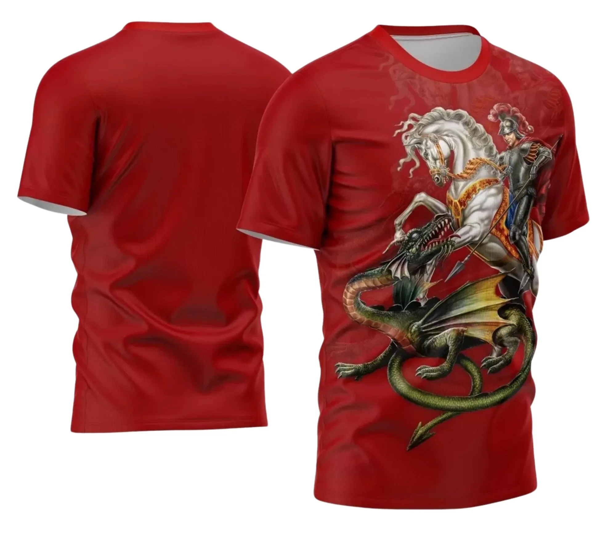Camiseta unissex preta com logo no peito e estampa grande nas costas representando São Jorge Guerreiro, ideal para quem busca fé e proteção em estilo marcante.