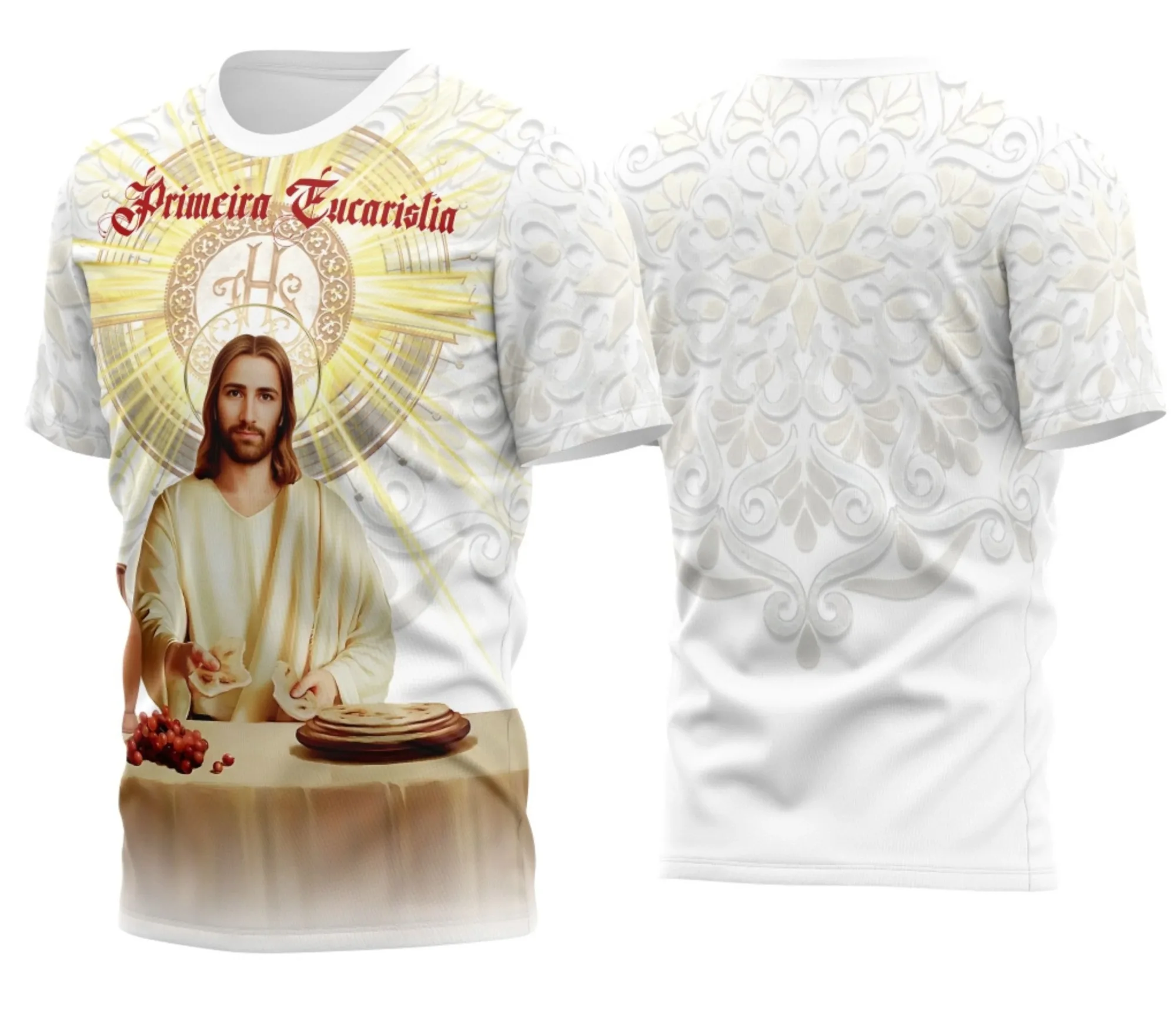 Camiseta unissex branca com logo no peito e estampa grande nas costas, tema religioso de Eucaristia, perfeita para celebrações e momentos de fé.
