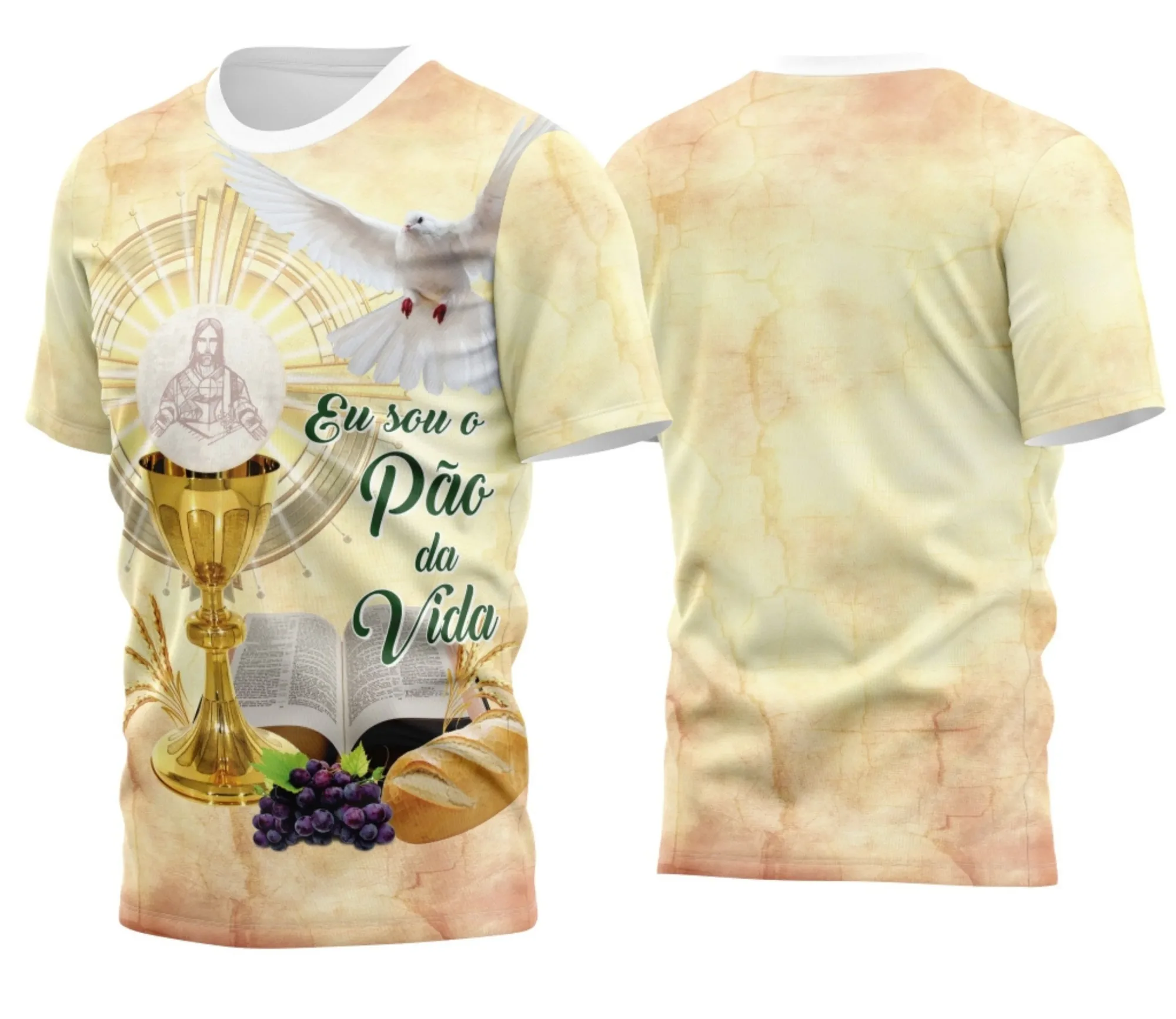 Camiseta unissex branca com logo no peito e estampa grande nas costas, apresentando temática religiosa de Eucaristia, ideal para quem busca estilo e fé combinados.