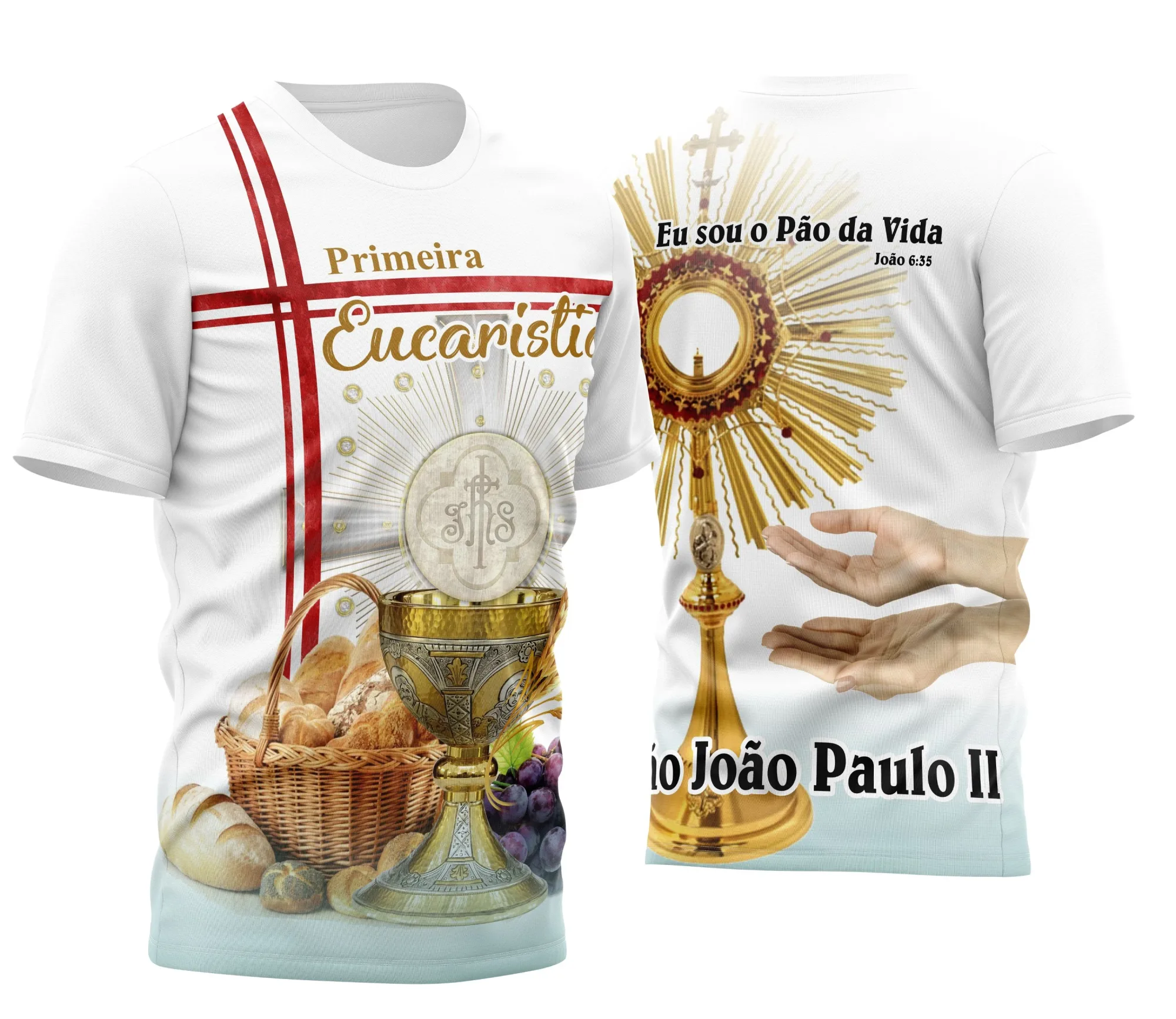 Camiseta unissex branca com logo no peito e estampa grande nas costas com tema da Eucaristia Divina, ideal para quem busca expressão de fé e estilo em camisa religiosa.