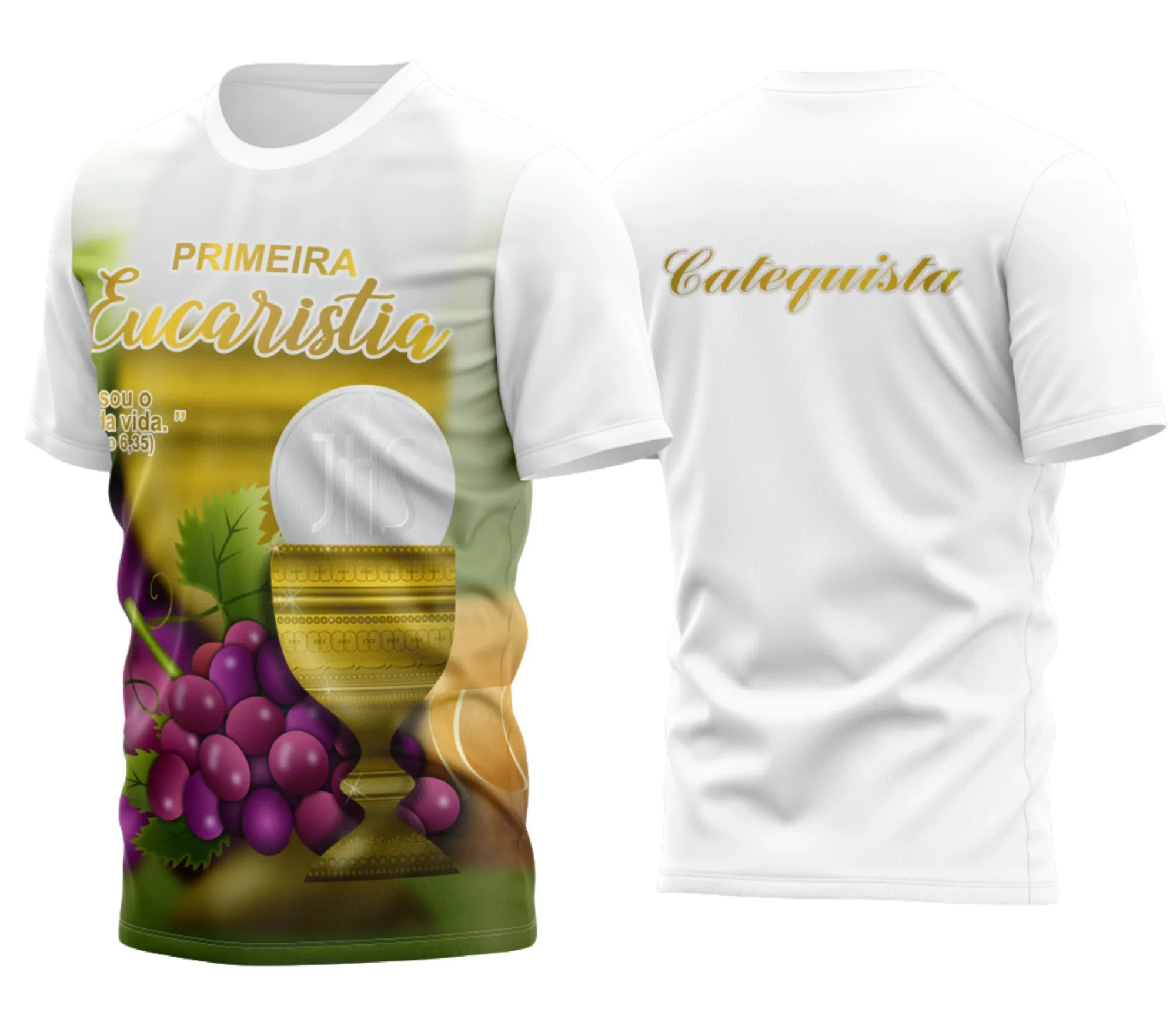 Camiseta unissex preta com logo no peito e estampa grande nas costas temática da Eucaristia Sagrada, perfeita para expressão da fé com estilo moderno e discreto