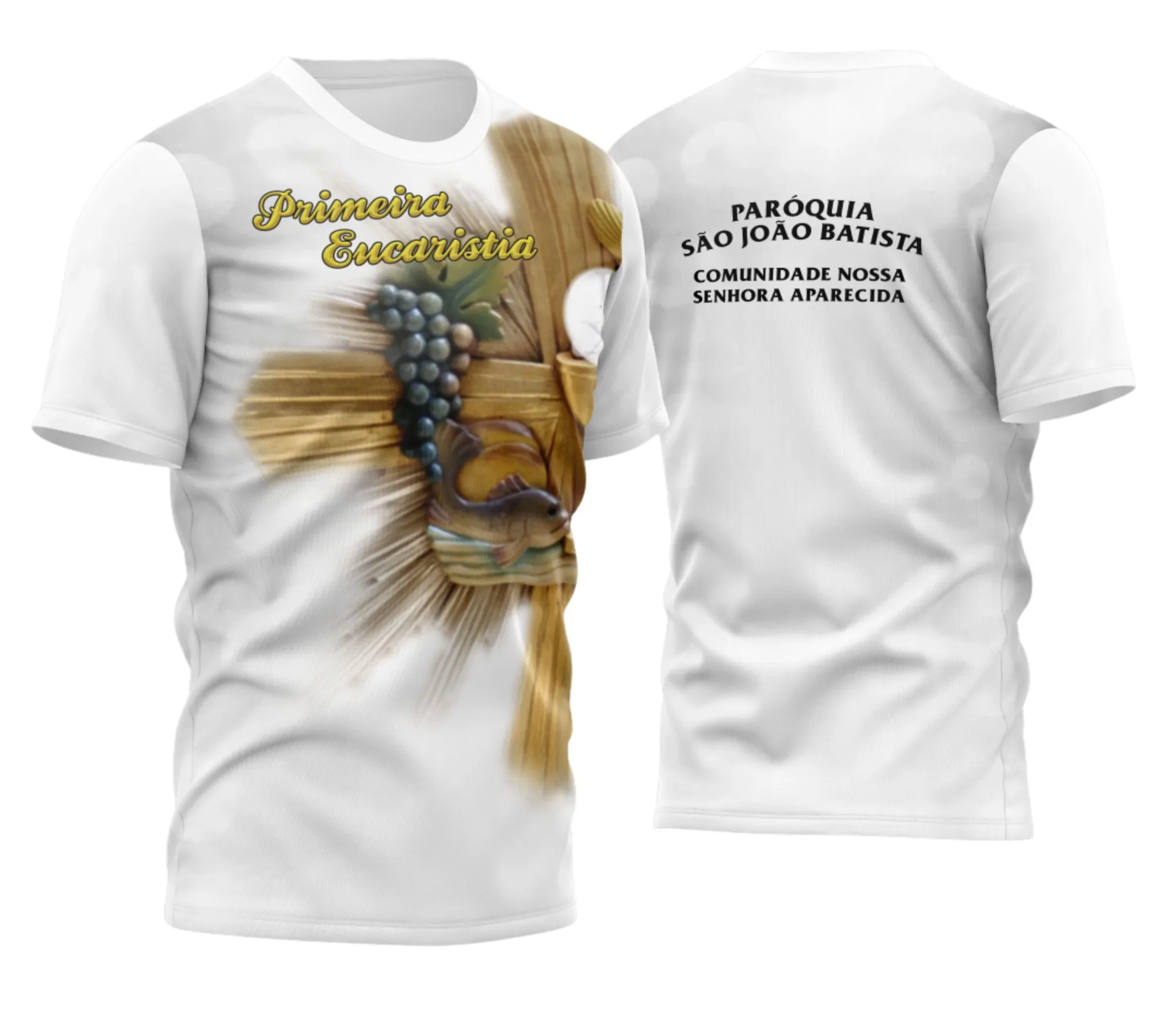 Camiseta unissex preta com logo no peito e estampa grande nas costas com tema Eucaristia, ideal para quem deseja uma peça impactante e cheia de significado.