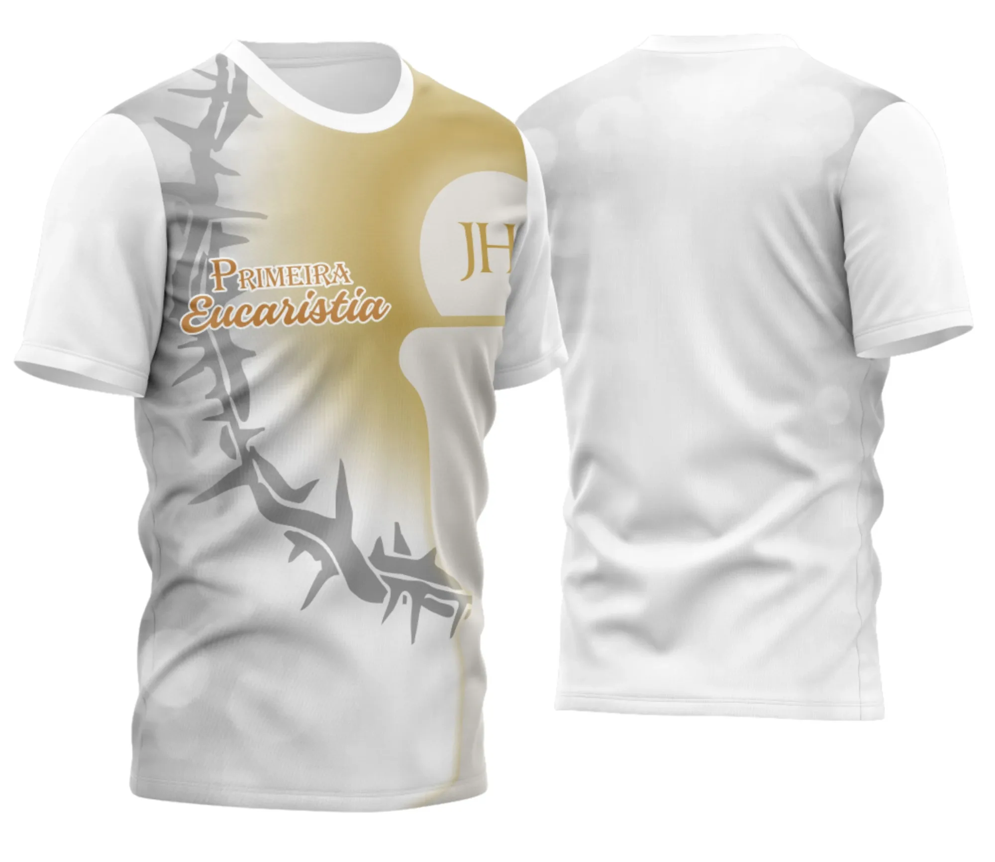 Camiseta unissex preta com logo no peito e estampa grande nas costas mostrando símbolo da Eucaristia, perfeita para expressar fé e devoção em eventos religiosos ou no dia a dia.