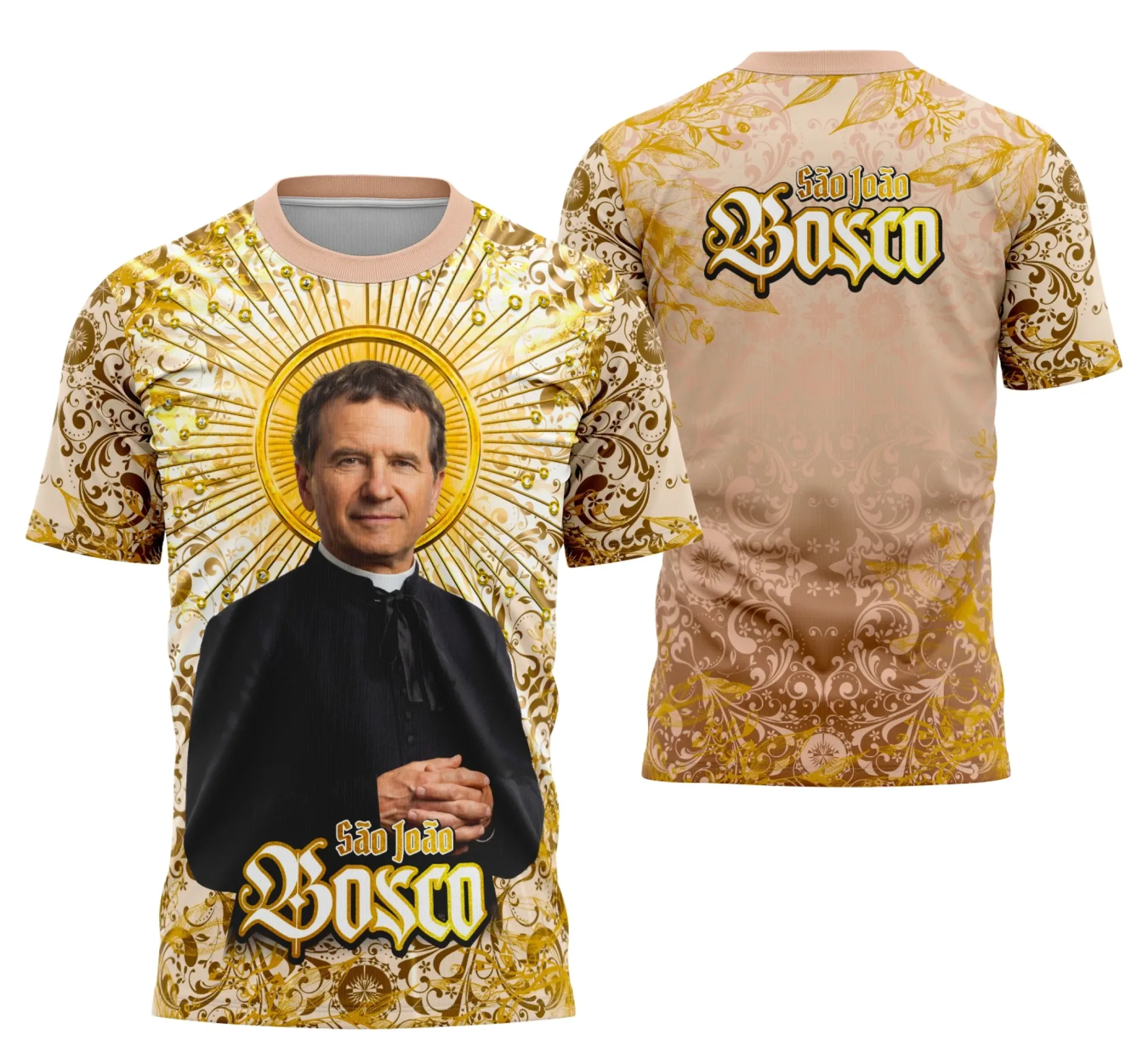 Camiseta unissex branca com logo no peito e estampa grande nas costas com tema Católico de São João Bosco Festa Junina, ideal para celebrações religiosas e festas juninas.