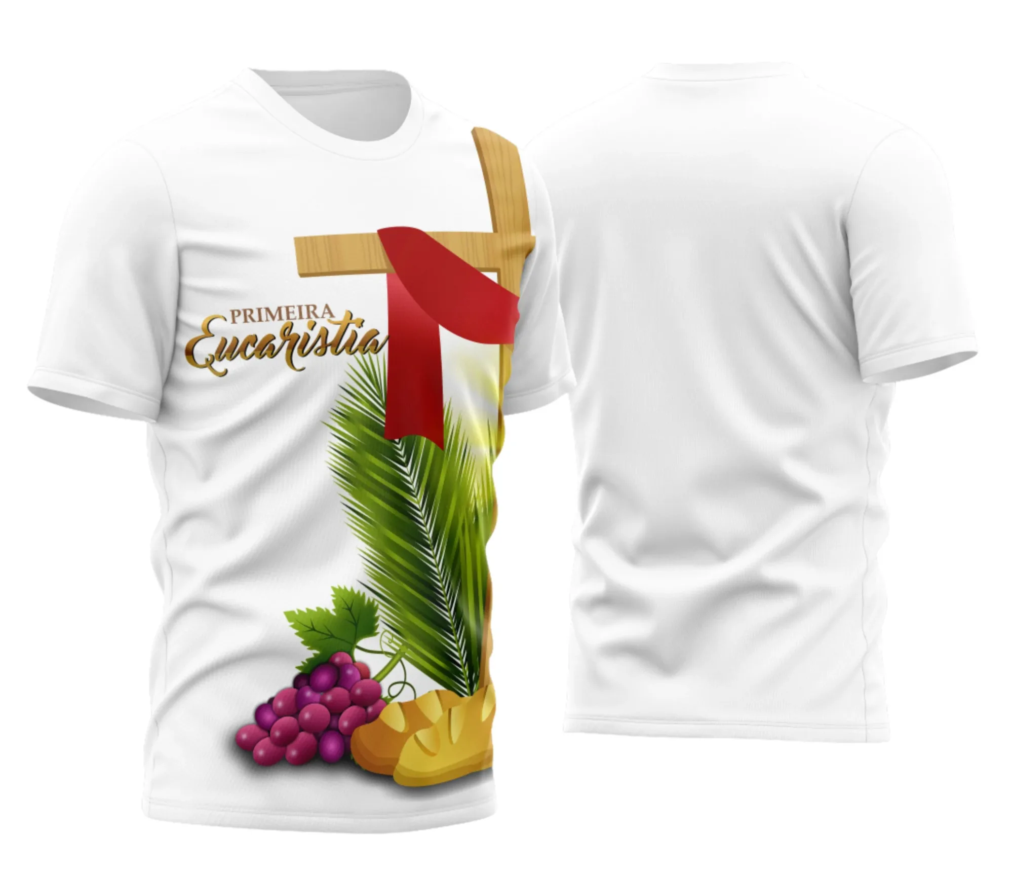 Camiseta unissex preta com logo no peito e estampa grande nas costas, temática do símbolo da Eucaristia, ideal para público religioso.