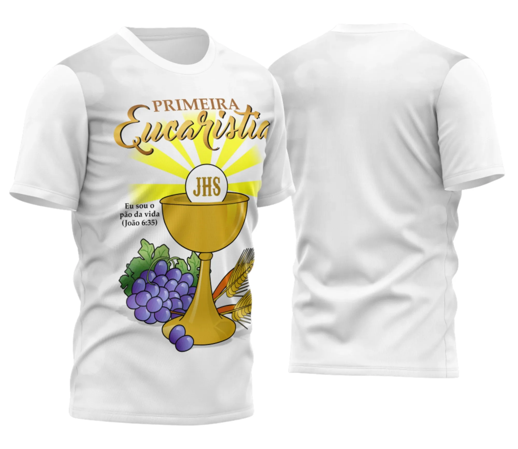 Camiseta unissex branca com logo no peito e estampa grande nas costas com tema Eucaristia, design elegante e religioso, perfeita para ocasiões especiais e celebrações religiosas.
