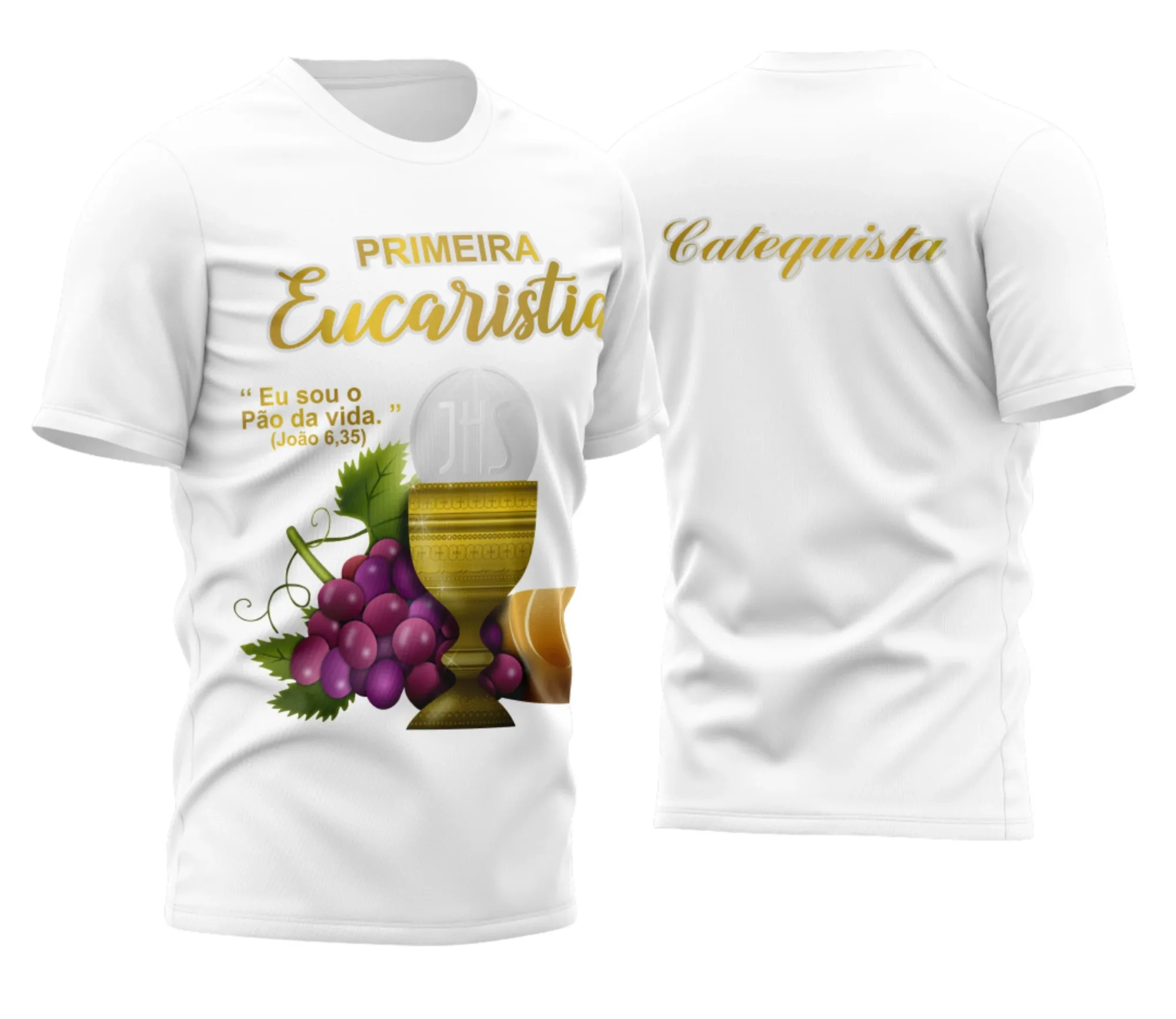 Camiseta unissex branca com logo no peito e estampa grande nas costas mostrando tema de Eucaristia Inspiradora, ideal para eventos religiosos e celebrações.