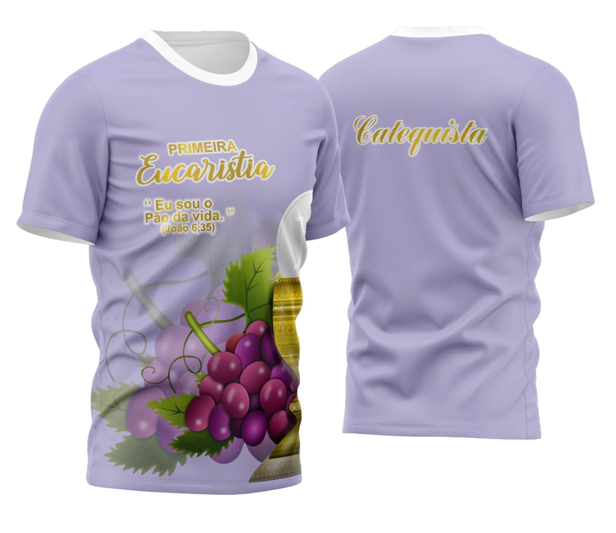 Camiseta unissex preta com logo no peito e estampa grande nas costas mostrando a expressão da Eucaristia, ideal para momentos de fé e devoção.