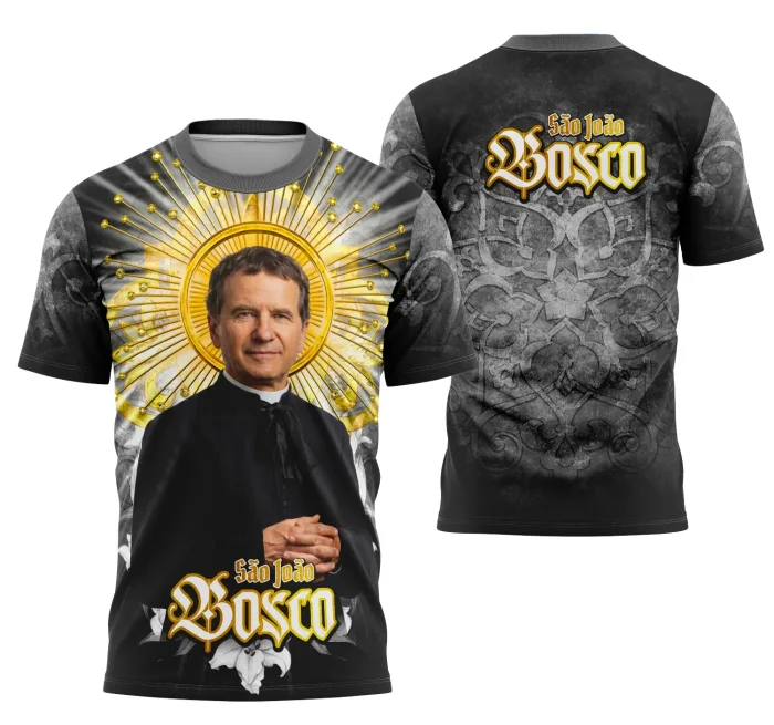 Camiseta unissex branca com logo no peito e estampa grande nas costas representando São João Bosco Católica, estilo tradicional e clássico, perfeita para ocasiões religiosas.