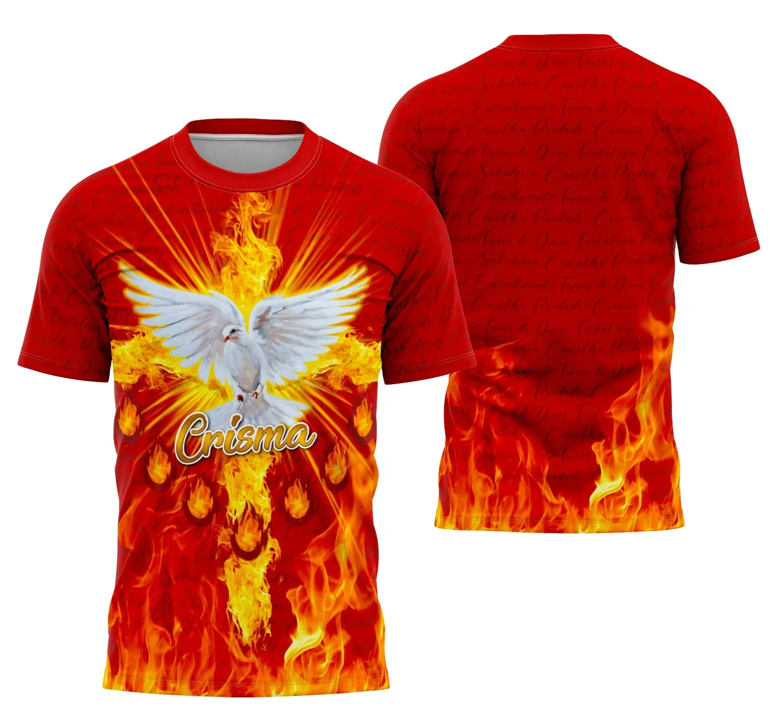 Camiseta unissex branca com logo no peito e estampa grande nas costas temática Crisma 2026, ideal para ocasiões religiosas e celebrações especiais.