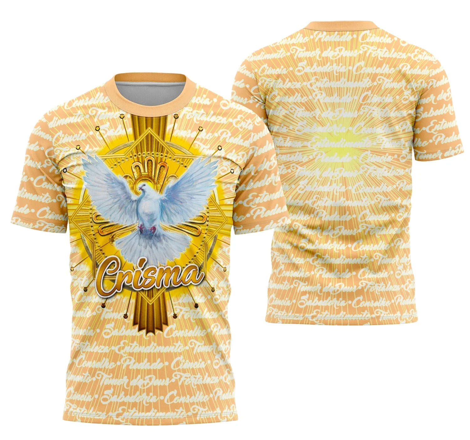 Camiseta unissex preta com logo no peito e estampa grande nas costas, tema Crisma 2026 personalizável, ideal para eventos religiosos.