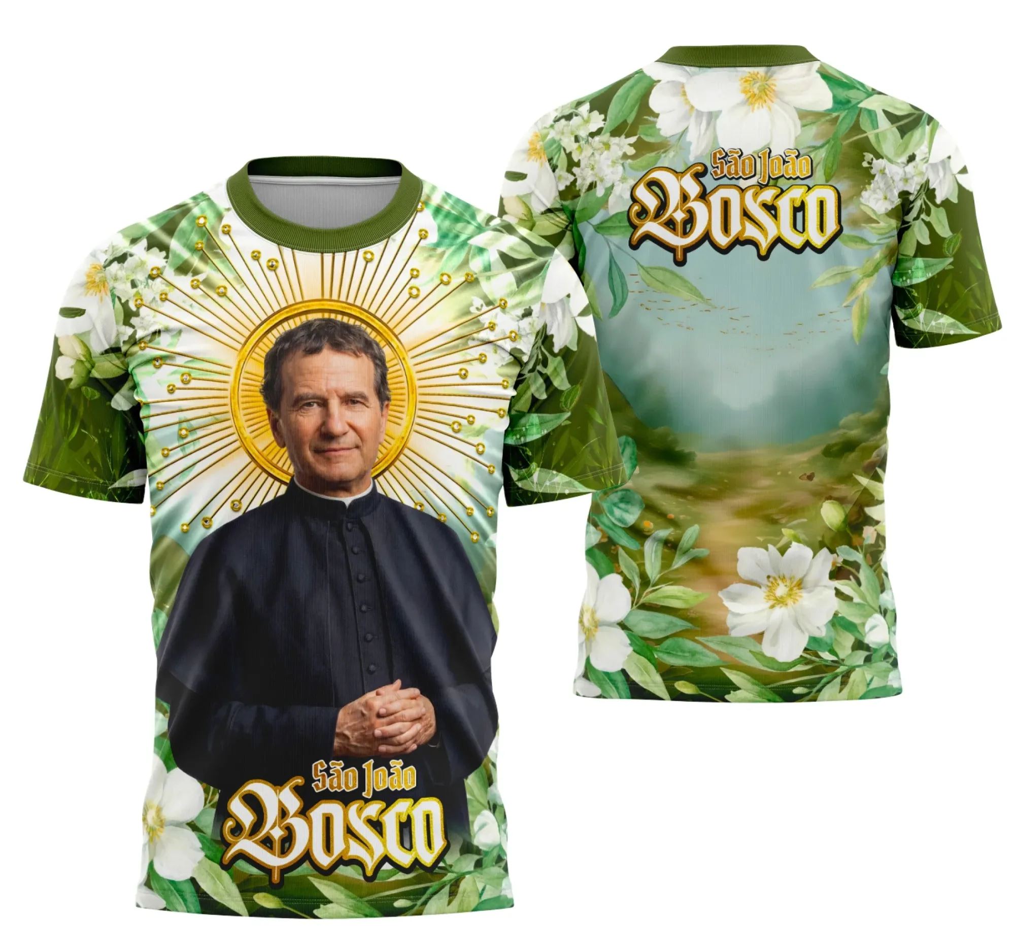 Foto de camiseta unissex branca com logo no peito e estampa grande nas costas do tema São João Bosco, destacando estilo religioso católico, ideal para quem valoriza fé e tradição.