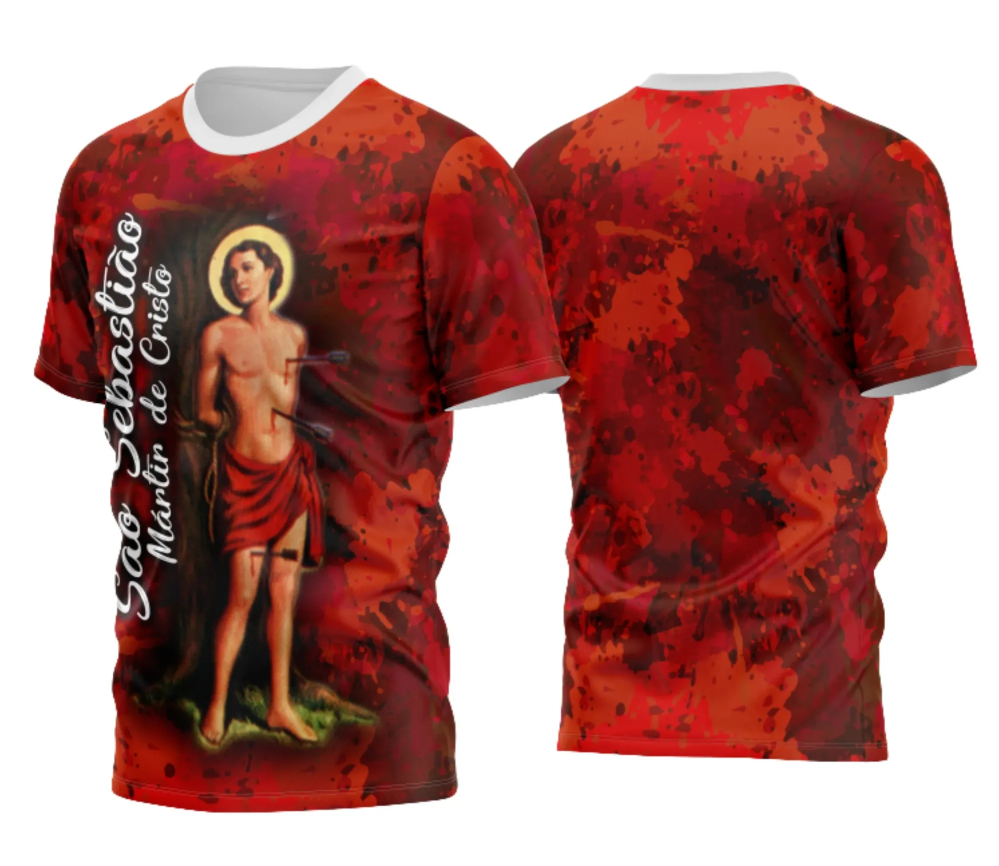 Camiseta unissex preta com logo no peito e estampa grande nas costas inspirada em São Sebastião, destacando detalhes devocionais e edição especial, ideal para uso casual ou religioso.