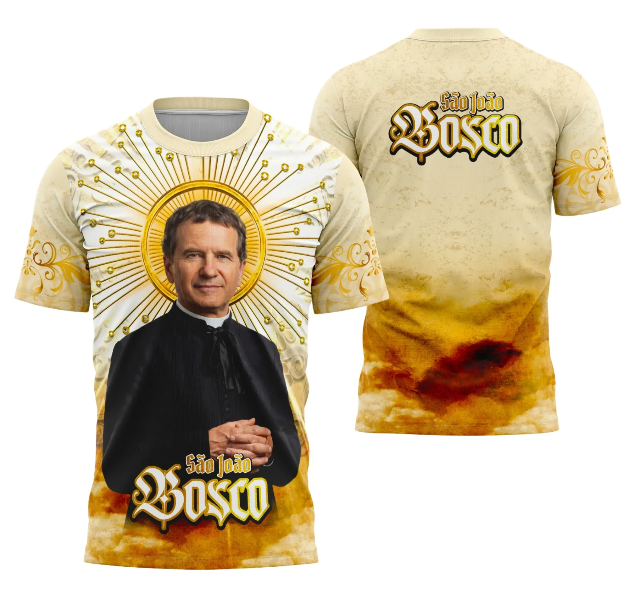 Camiseta unissex preta com logo no peito e estampa grande nas costas com tema São João Bosco Católica Religião, ideal para admiradores da fé católica.