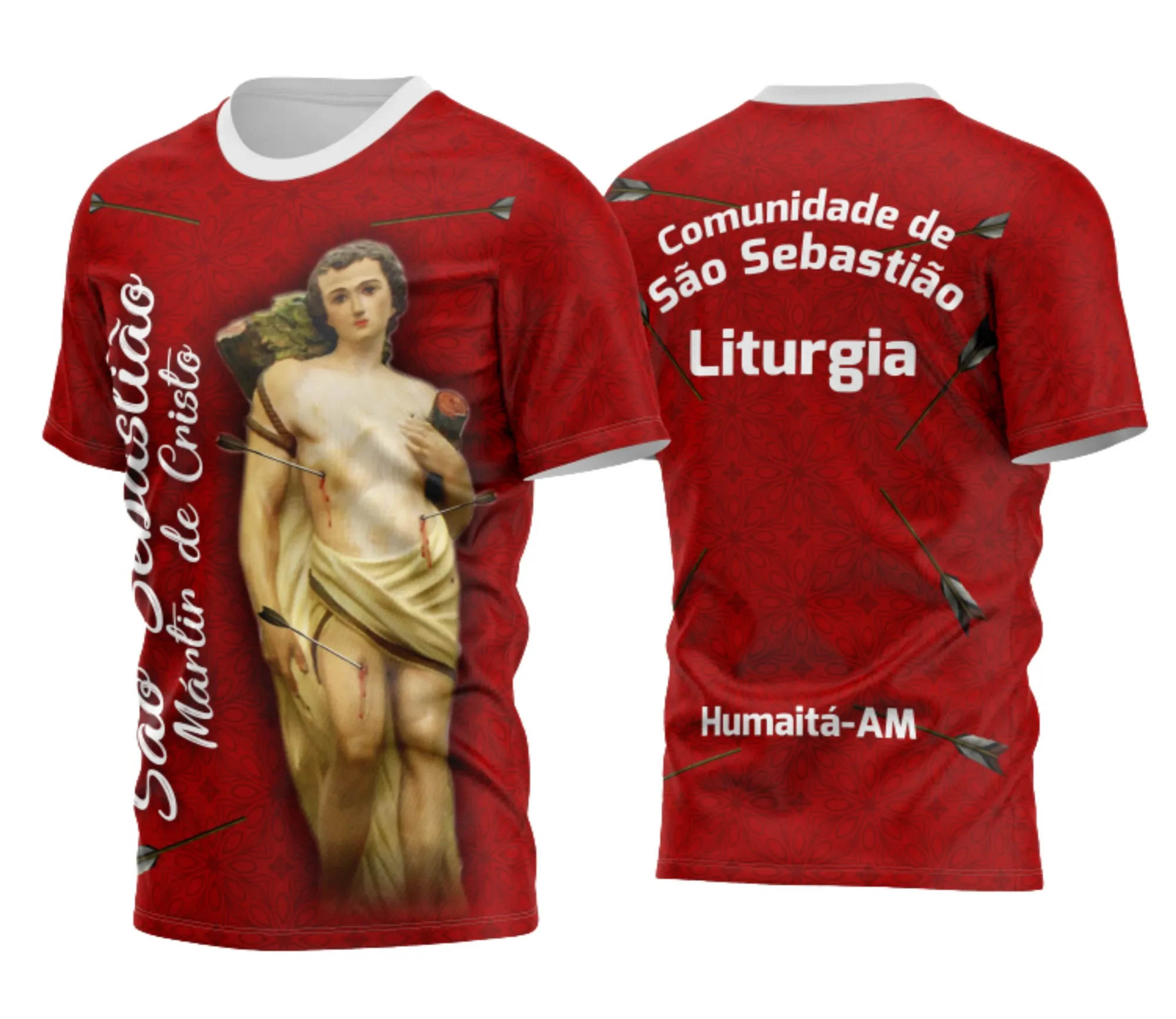 Camiseta unissex preta com logo no peito e estampa grande nas costas, temática religiosa de São Sebastião, ideal para uso casual e eventos especiais.