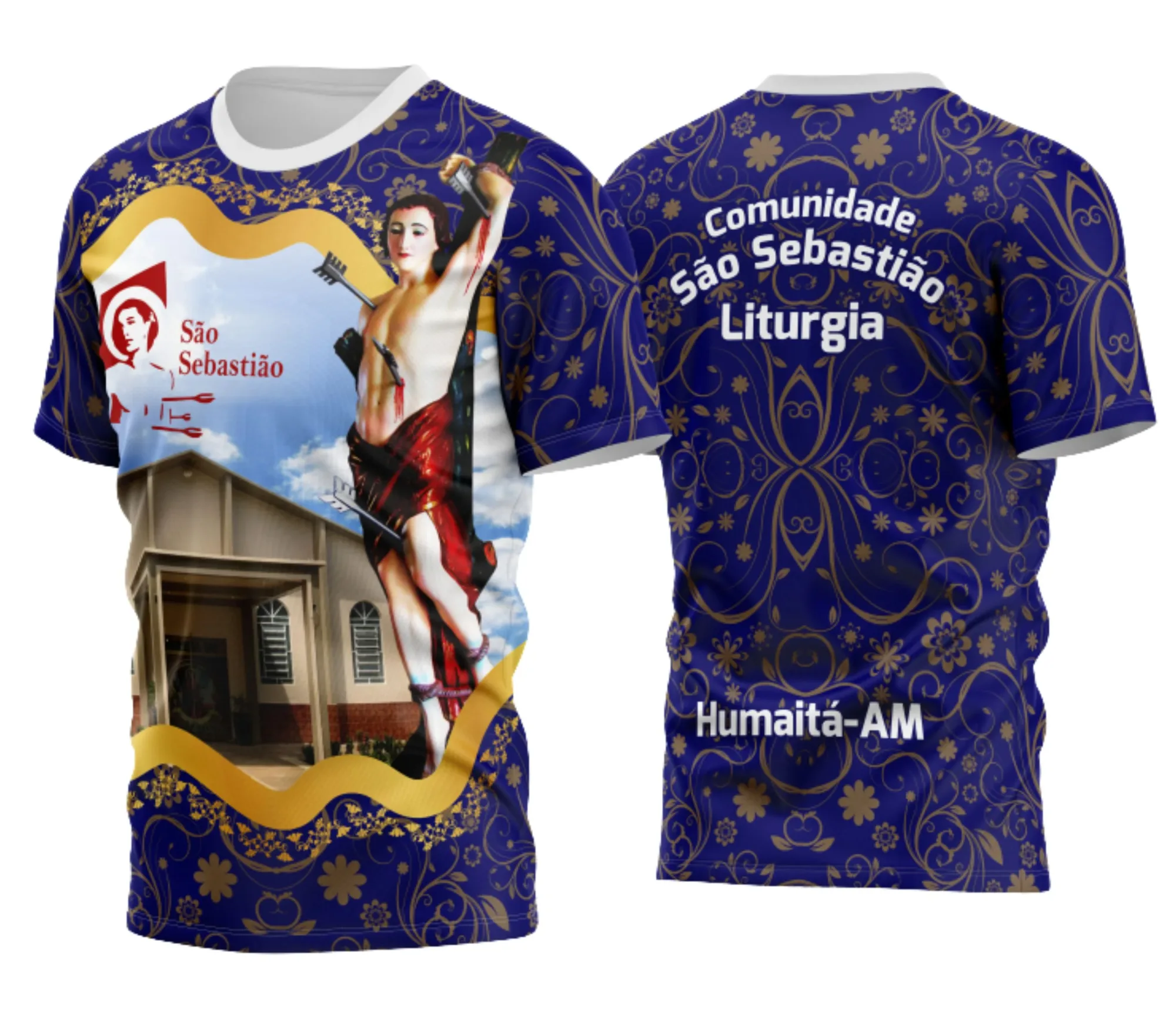 Camiseta unissex preta com logo no peito e estampa grande nas costas com o tema São Sebastião Tradicional, perfeita para quem busca estilo e cultura em uma peça única.