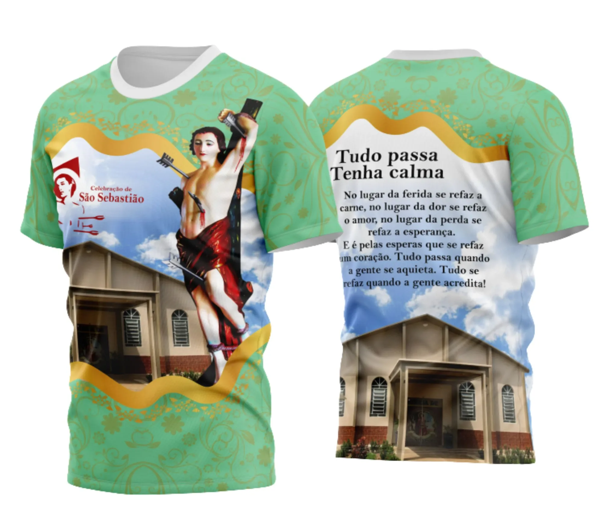 Camiseta unissex branca com logo no peito e estampa grande nas costas sobre São Sebastião, enfatizando fé e devoção, perfeita para quem busca estilo religioso marcante.