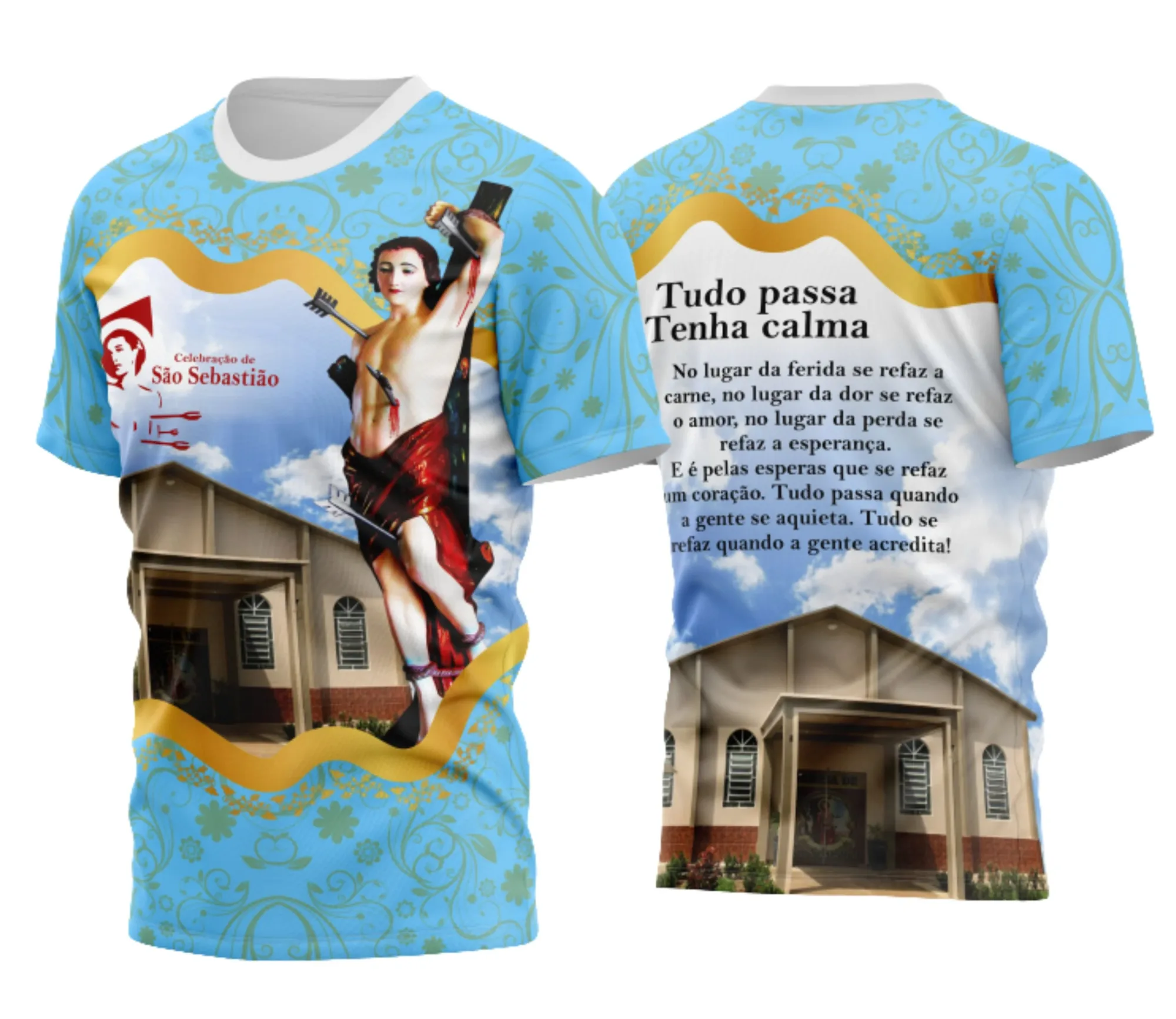 Camiseta unissex preta com logo no peito e estampa grande nas costas do São Sebastião Tradicional Modelo 08, perfeita para eventos religiosos e uso casual.