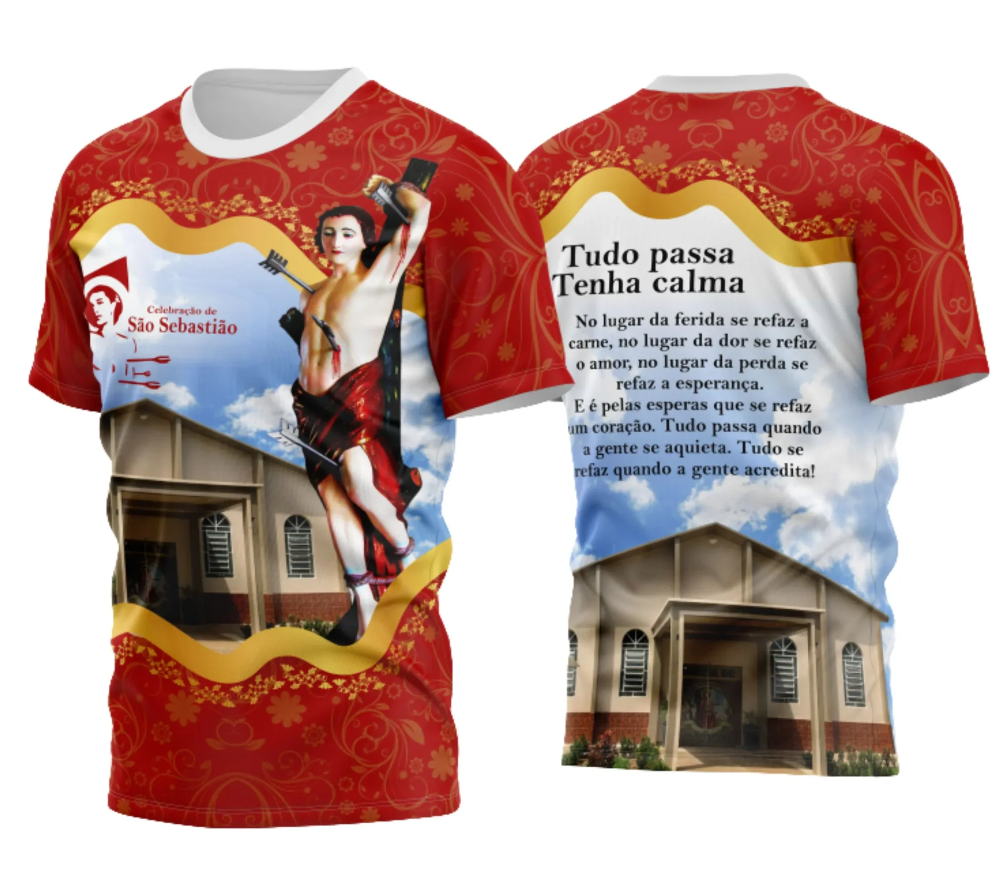 Camiseta unissex preta com logo no peito e estampa grande nas costas com tema São Sebastião Modelo Exclusivo, ideal para quem busca estilo e devoção em uma peça única.