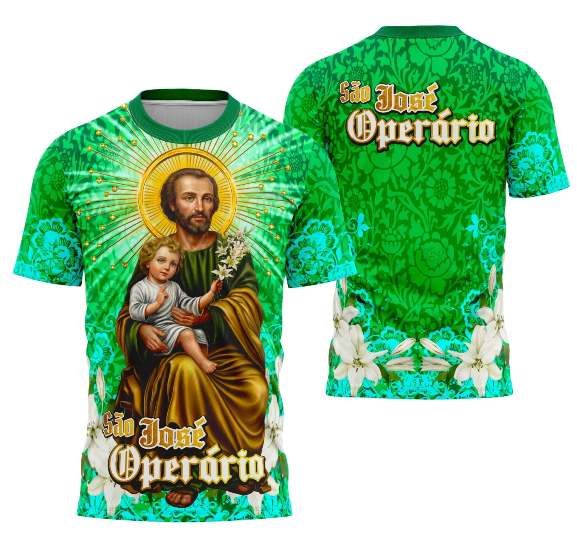 Camiseta unissex branca com logo no peito e estampa grande nas costas representando São José Operário em estilo católico religioso, ideal para quem busca fé com estilo.