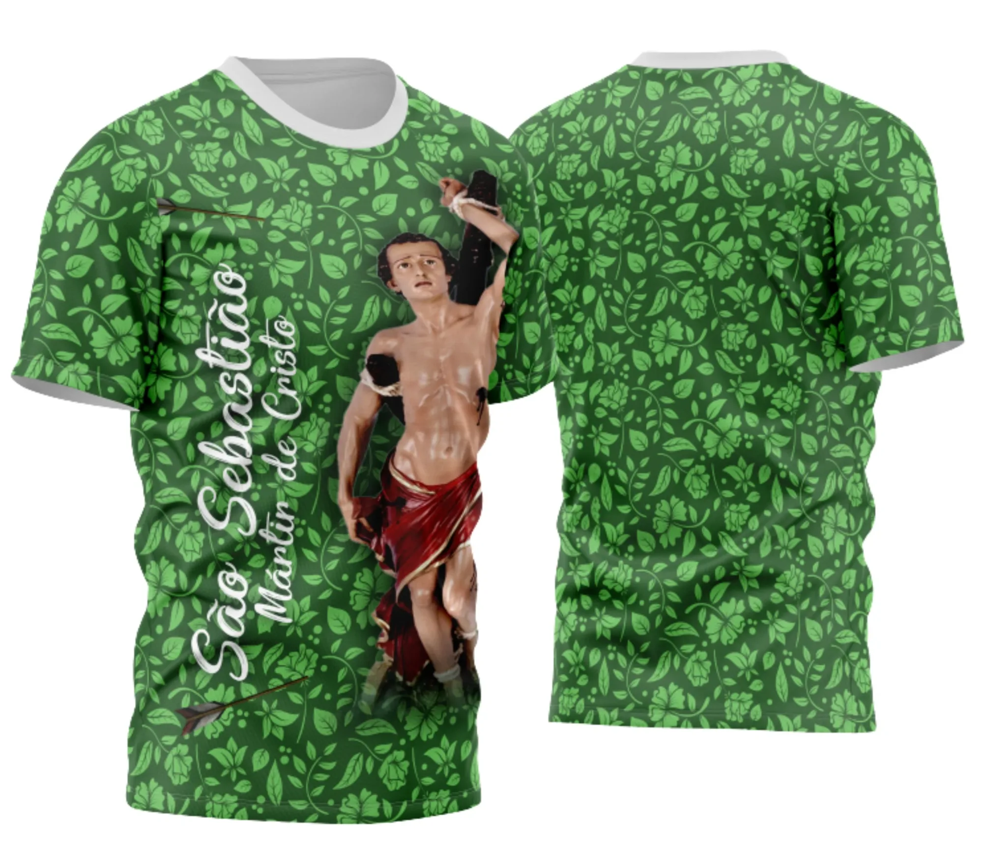 Camiseta unissex com logo no peito e estampa grande nas costas, cor preta, tema São Sebastião Tradicional, visual marcante e estilo clássico para diversos looks.