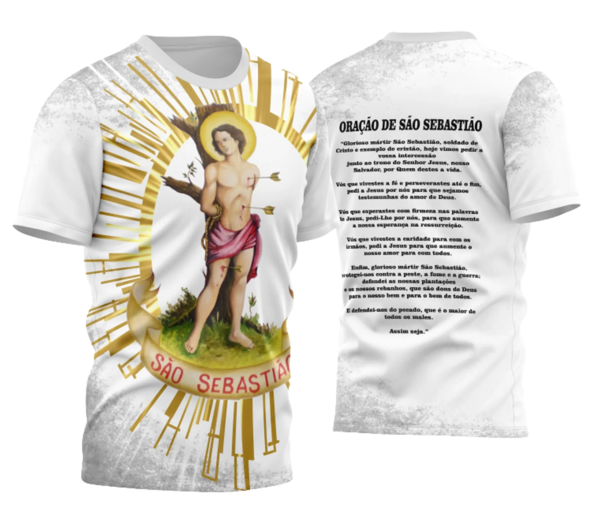 Camiseta unissex preta com logo no peito e estampa grande nas costas com São Sebastião em estilo religioso vibrante e moderno.