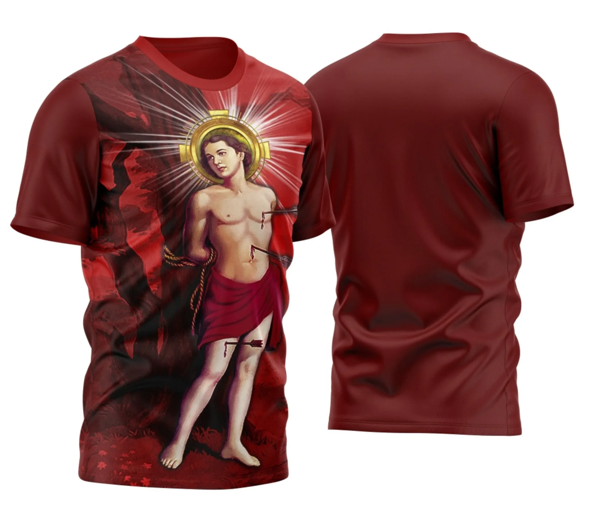 Camiseta unissex preta com logo no peito e estampa grande nas costas com tema São Sebastião tradicional, ideal para quem busca estilo e identidade religiosa.