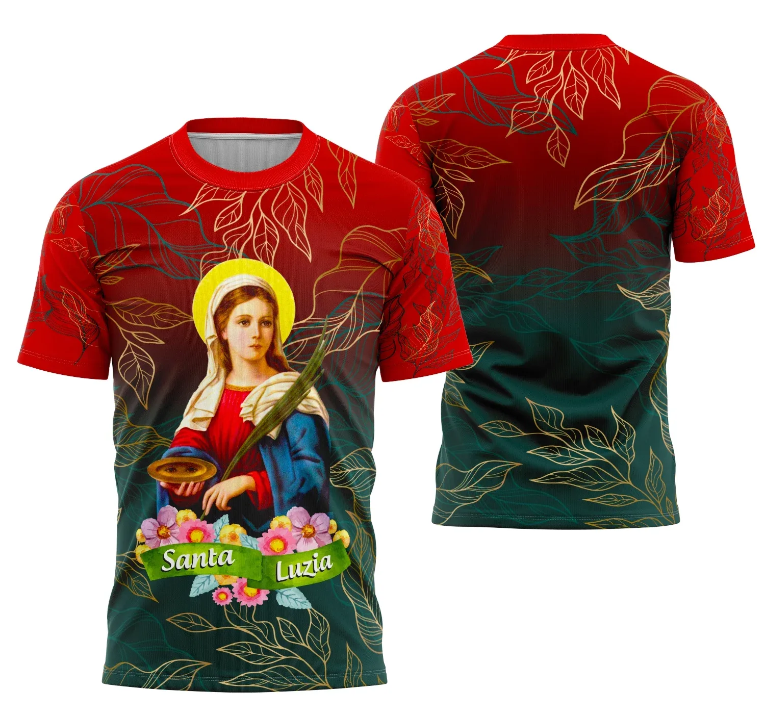 Camiseta unissex preta com logo no peito e estampa grande nas costas representando Santa Luzia em estilo religioso, perfeita para quem busca fé e estilo em uma peça confortável.