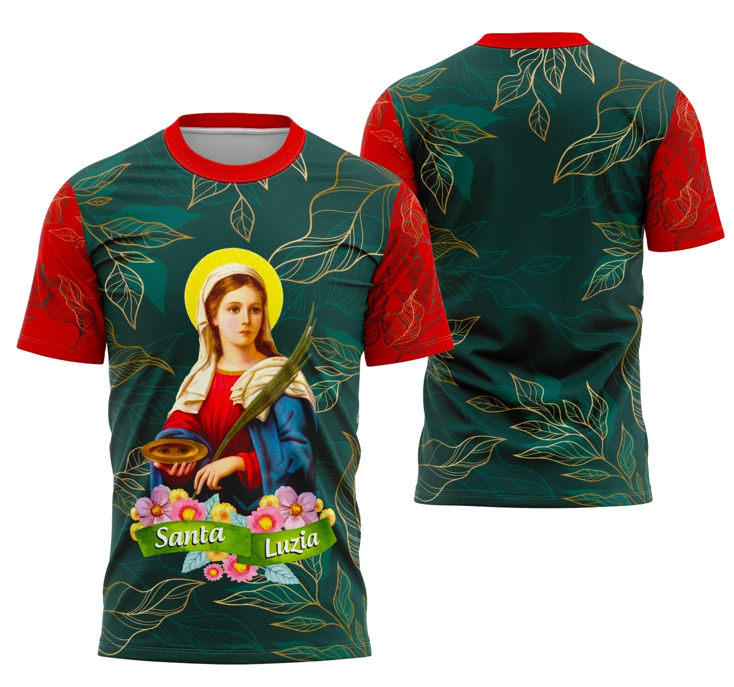 Camiseta unissex branca com logo no peito e estampa grande nas costas da Santa Luzia tradicional, ideal para quem busca estilo e fé com toque clássico.