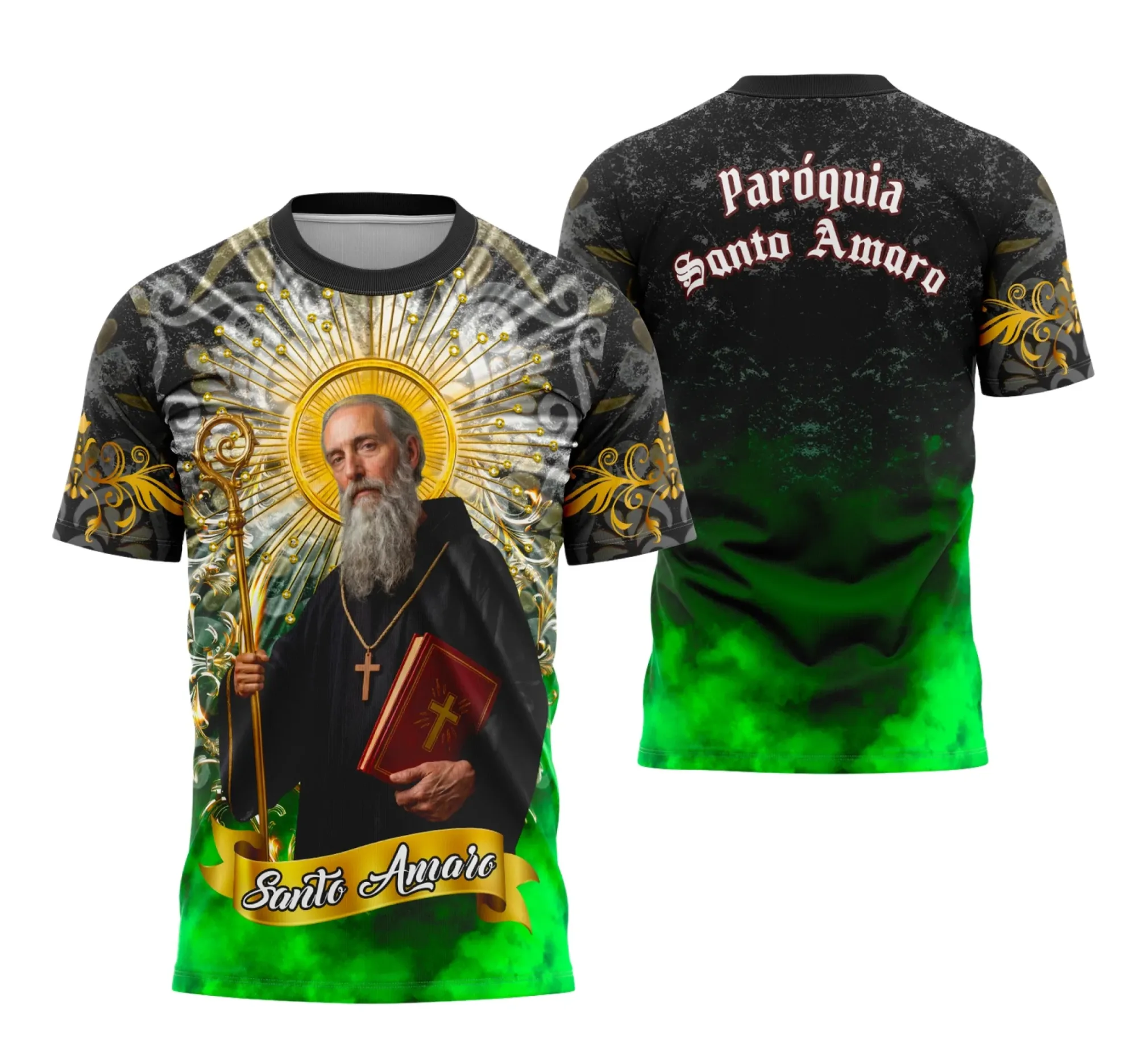 Camiseta unissex preta com logo no peito e estampa grande nas costas, com tema Santo Amaro e motivo religioso, ideal para visual moderno e espiritual.