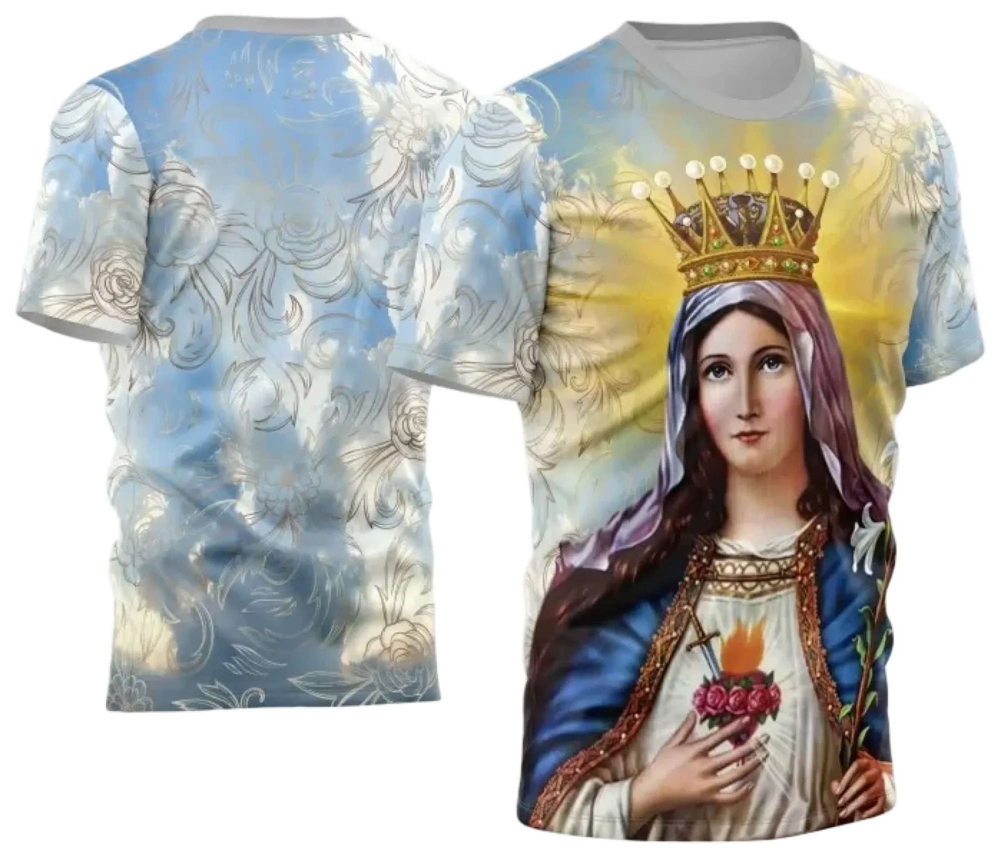Camiseta unissex preta com logo no peito e estampa grande nas costas do Sagrado Coração de Maria, combinando conforto e estilo religioso para quem busca fé e personalidade no look.