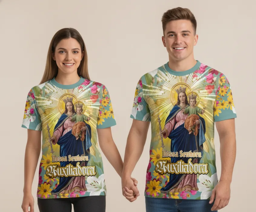 Camiseta unissex branca com logo no peito e estampa grande nas costas da Nossa Senhora Auxiliadora, com tema religioso e estilo clássico e reverente, ideal para fãs de devoção e fé.