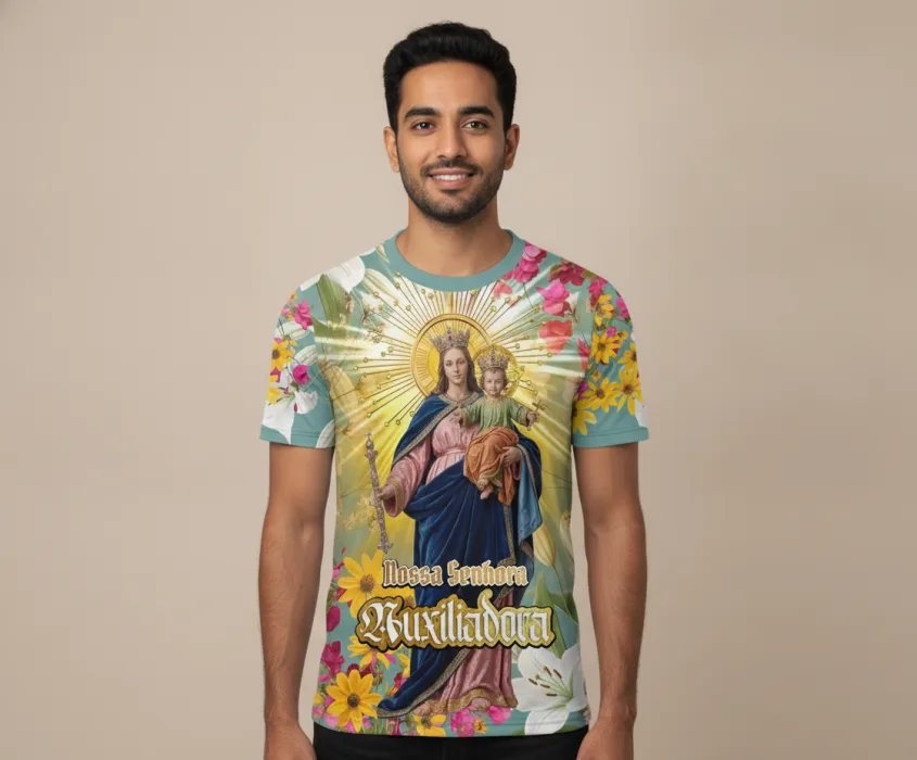 Camiseta unissex branca com logo no peito e estampa grande nas costas da Nossa Senhora Auxiliadora, com tema religioso e estilo clássico e reverente, ideal para fãs de devoção e fé.