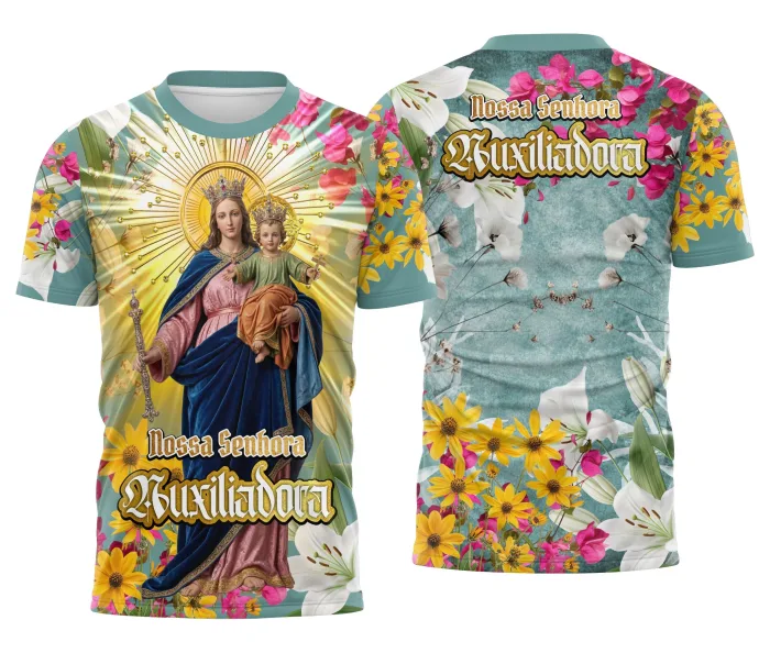 Camiseta unissex branca com logo no peito e estampa grande nas costas da Nossa Senhora Auxiliadora, com tema religioso e estilo clássico e reverente, ideal para fãs de devoção e fé.