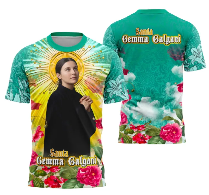 Camiseta preta unissex com logo no peito e estampa grande nas costas da Santa Gemma Galgani, tema religião, estilo moderno e religioso, ideal para quem busca fé e conforto no dia a dia.