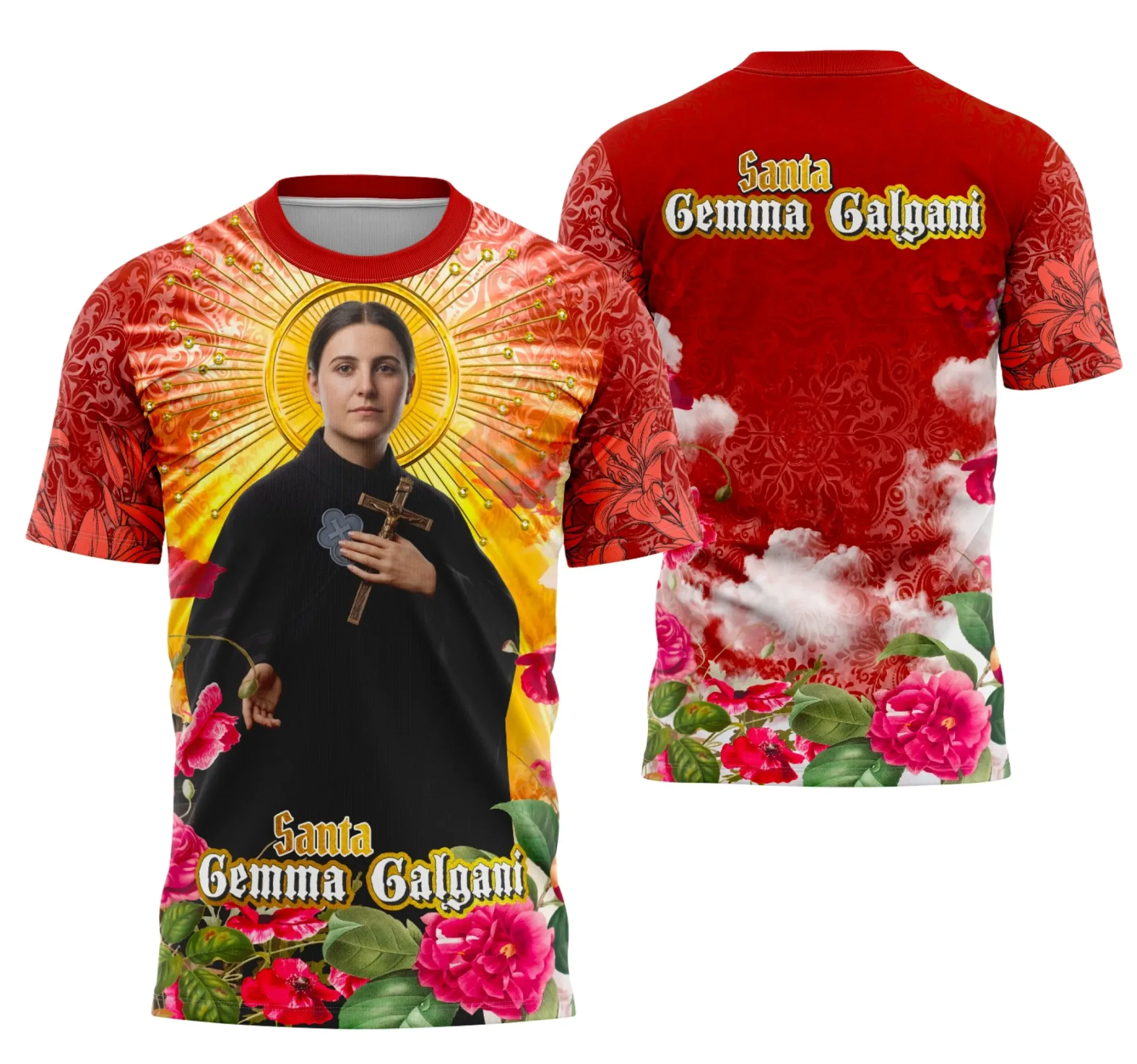 Camiseta unissex preta com logo no peito e estampa grande nas costas com tema Santa Gemma Galgani e Religião, perfeita para devotos e fãs de camisetas religiosas.