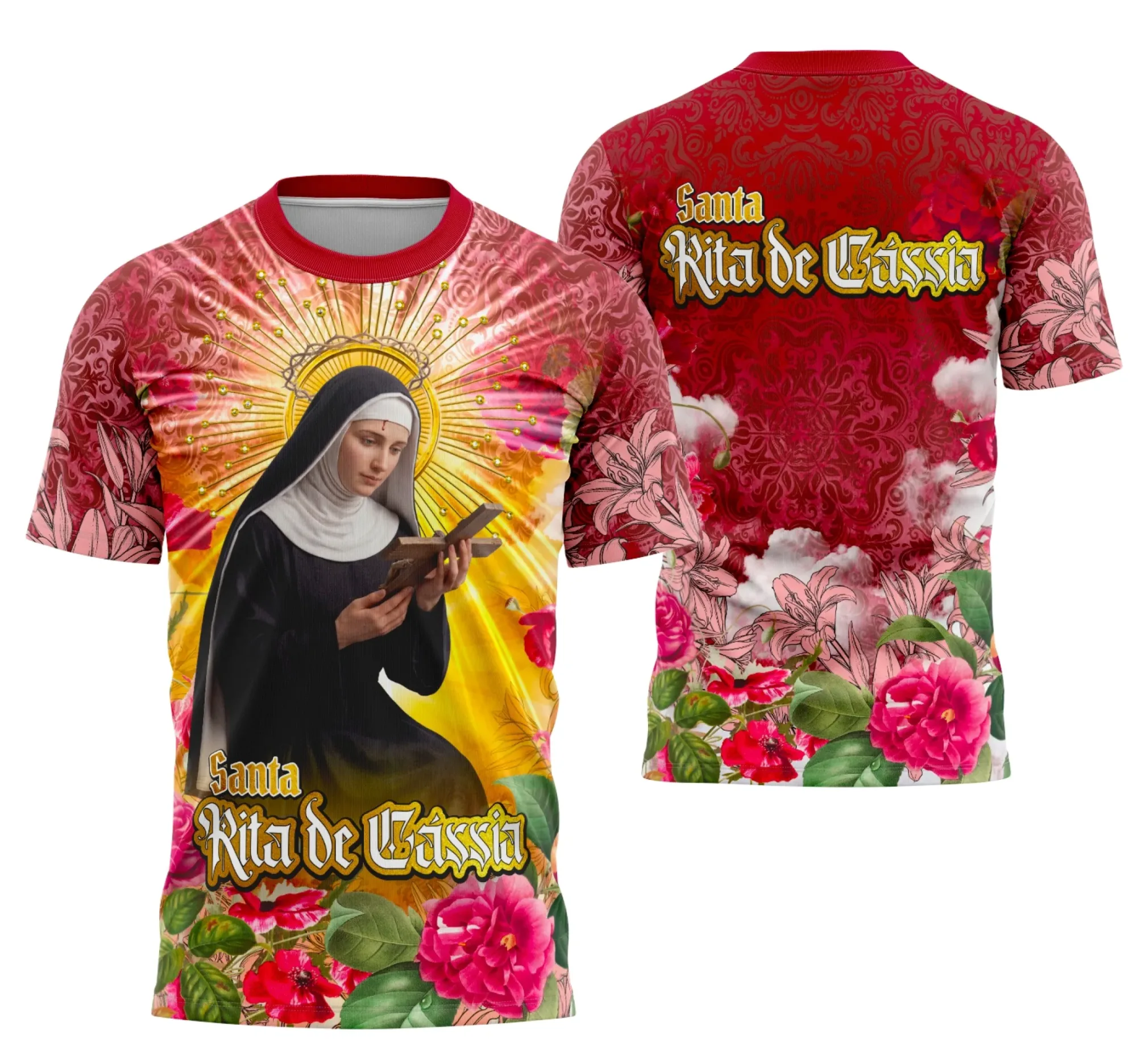 Camiseta unissex preta com logo no peito e estampa grande nas costas com tema Santa Rita de Cássia e Religião, ideal para expressar fé e devoção no visual.