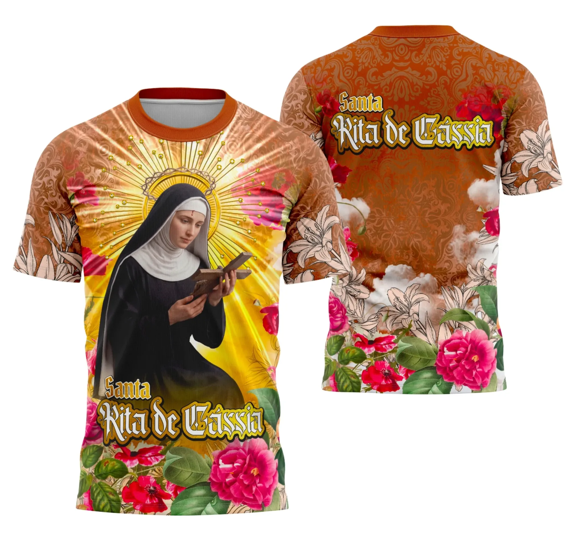Camiseta unissex branca com logo no peito de Santa Rita de Cássia e estampa grande nas costas trazendo elementos religiosos em destaque