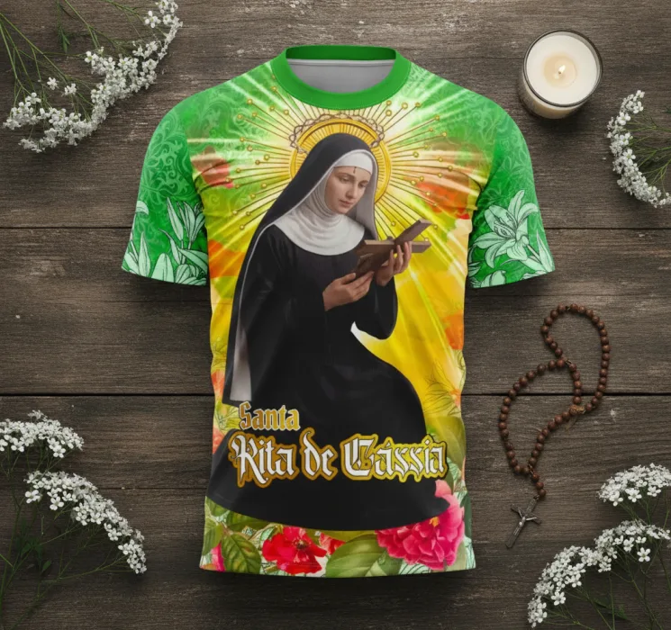 Camiseta unissex preta com logo no peito e estampa grande nas costas de Santa Rita de Cássia, celebrando a fé e religiosidade com estilo e conforto.