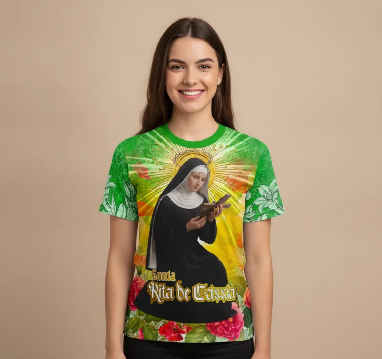 Camiseta unissex preta com logo no peito e estampa grande nas costas de Santa Rita de Cássia, celebrando a fé e religiosidade com estilo e conforto.
