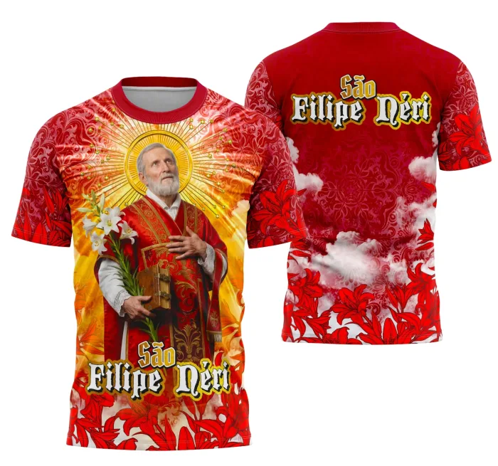 Camiseta unissex preta com logo no peito e estampa grande nas costas com o tema São Filipe Néri e religião.