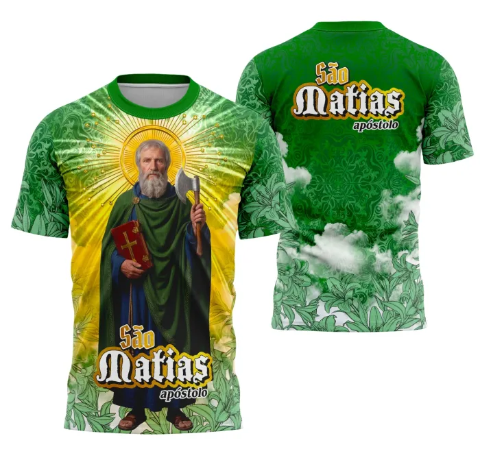 Camiseta unissex preta com logo no peito e estampa grande nas costas, tema São Matias Religião, visual impactante e símbolo religioso marcante para quem valoriza fé e tradição.