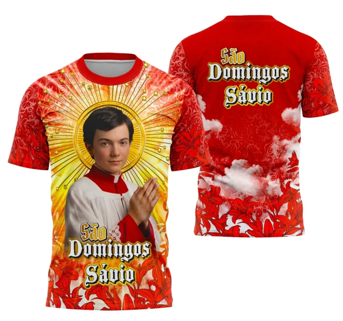 Camiseta unissex preta com logo no peito e estampa grande nas costas celebrando São Domingos Sávio, tema de religião, perfeita para devotos e eventos religiosos.
