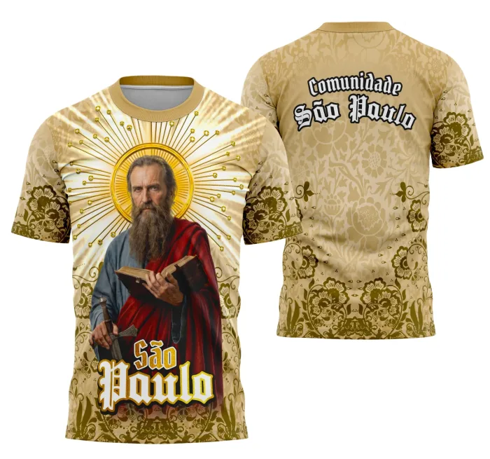 Camiseta unissex preta com logo no peito e estampa grande nas costas inspirada em São Paulo Apóstolo Católica, destaque para detalhes religiosos e design moderno.