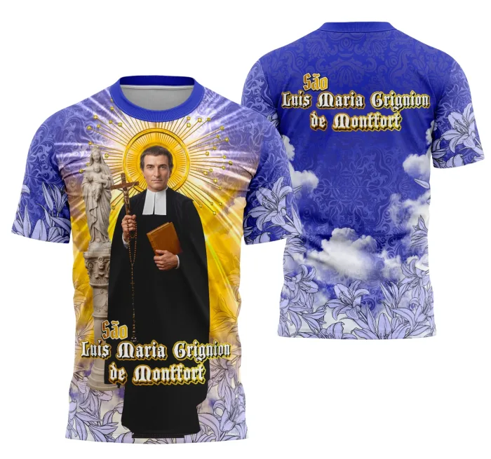Camiseta unissex branca com logo no peito e estampa grande nas costas mostrando São Luís Maria Grignion de Montfort em tema religioso, ideal para quem busca estilo e fé em uma peça confortável.