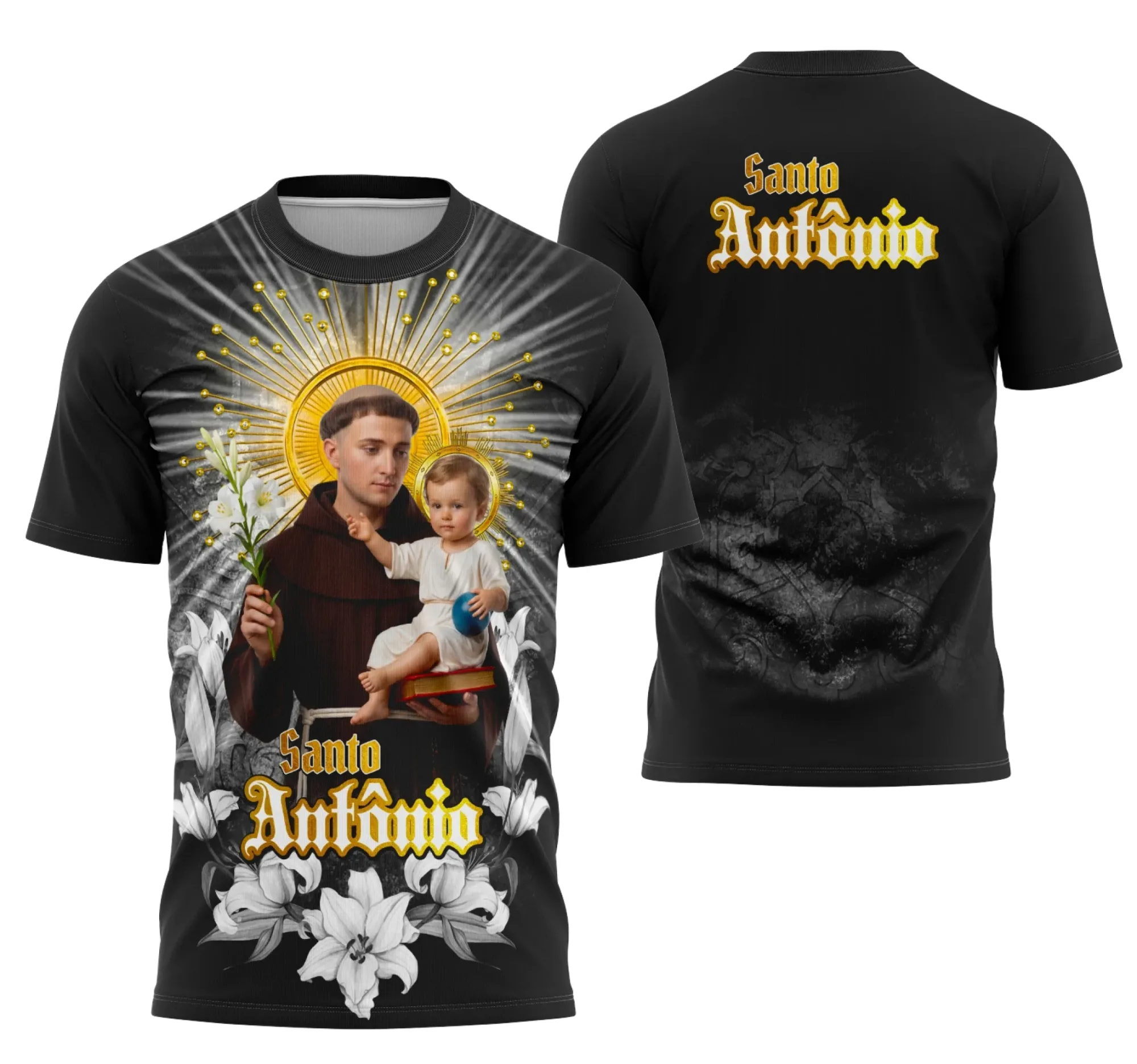 Camiseta unissex branca com logo no peito e estampa grande nas costas com tema Devocional Santo Antônio Católica, ideal para quem busca fé e estilo em uma peça confortável e moderna.