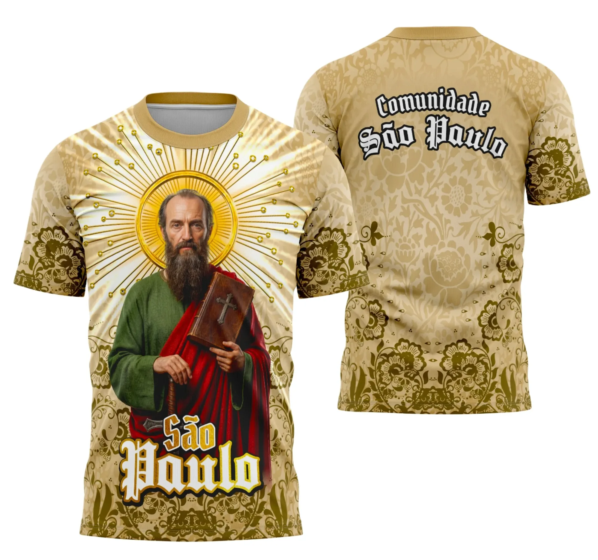 Camiseta unissex preta com logo no peito e estampa grande nas costas apresentando São Paulo Apóstolo, ideal para seguidores da fé católica.