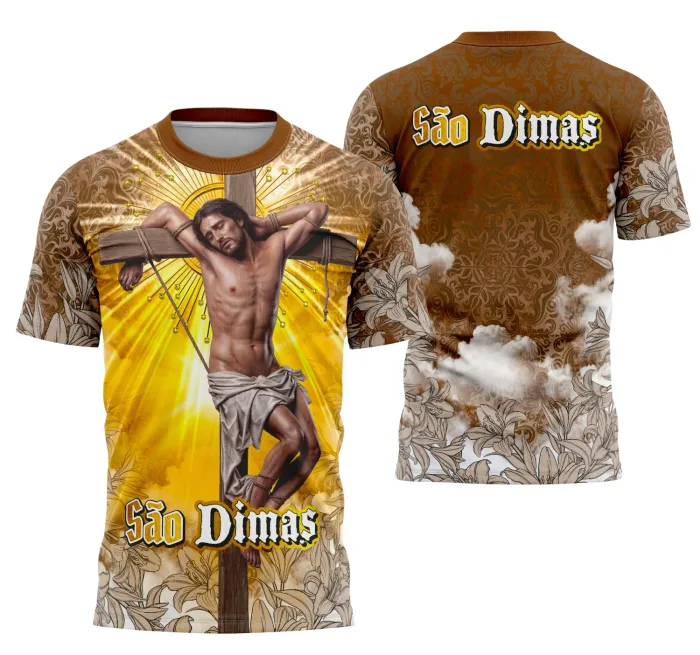 Camiseta preta unissex com logo no peito e estampa grande nas costas inspirada em São Dimas e elementos religiosos.