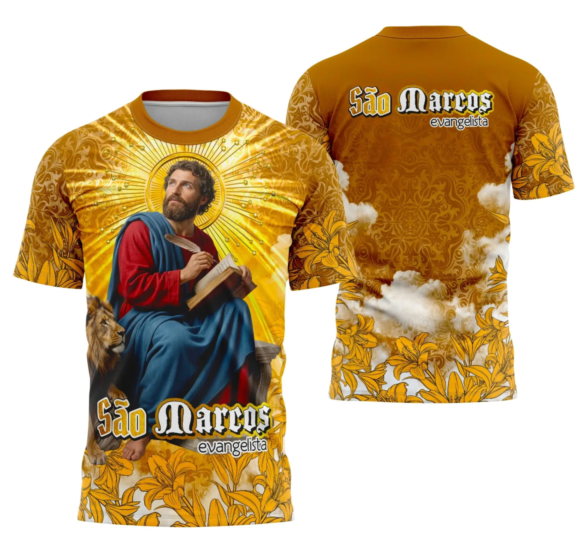 Camiseta unissex preta com logo no peito e estampa grande nas costas do São Marcos Evangelista, perfeita para quem busca fé e estilo em uma peça única.